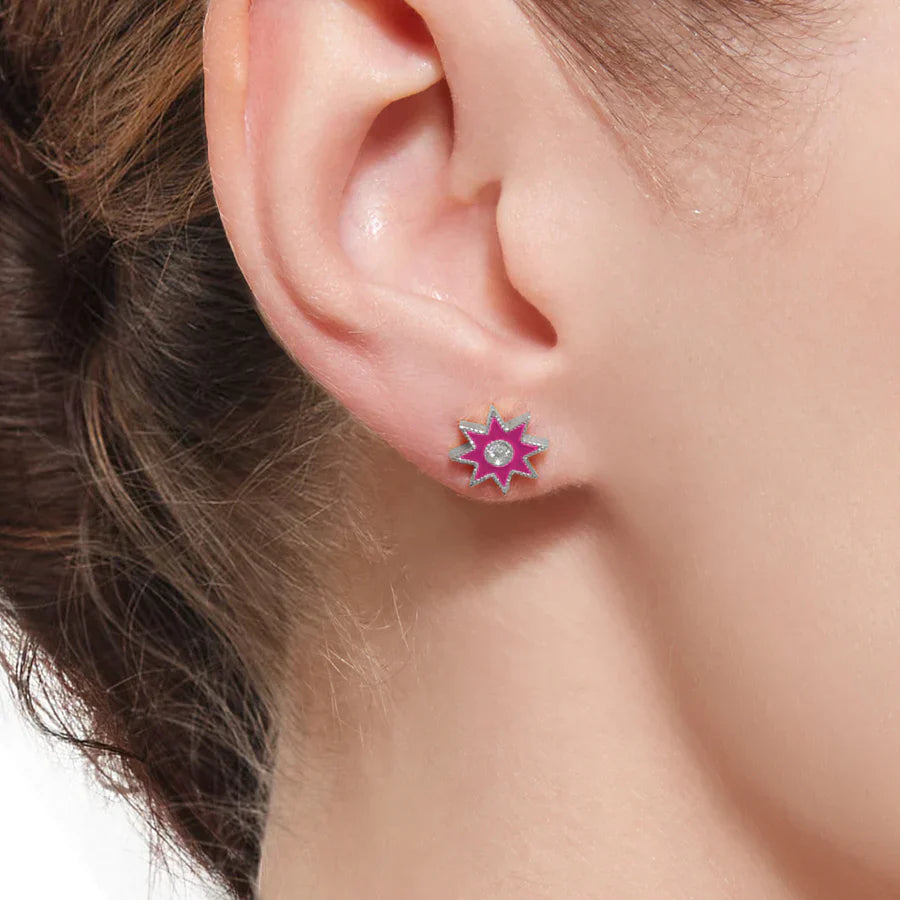 18K Gold Fuchsia Enamel and Diamond Twinkle Star Earrings