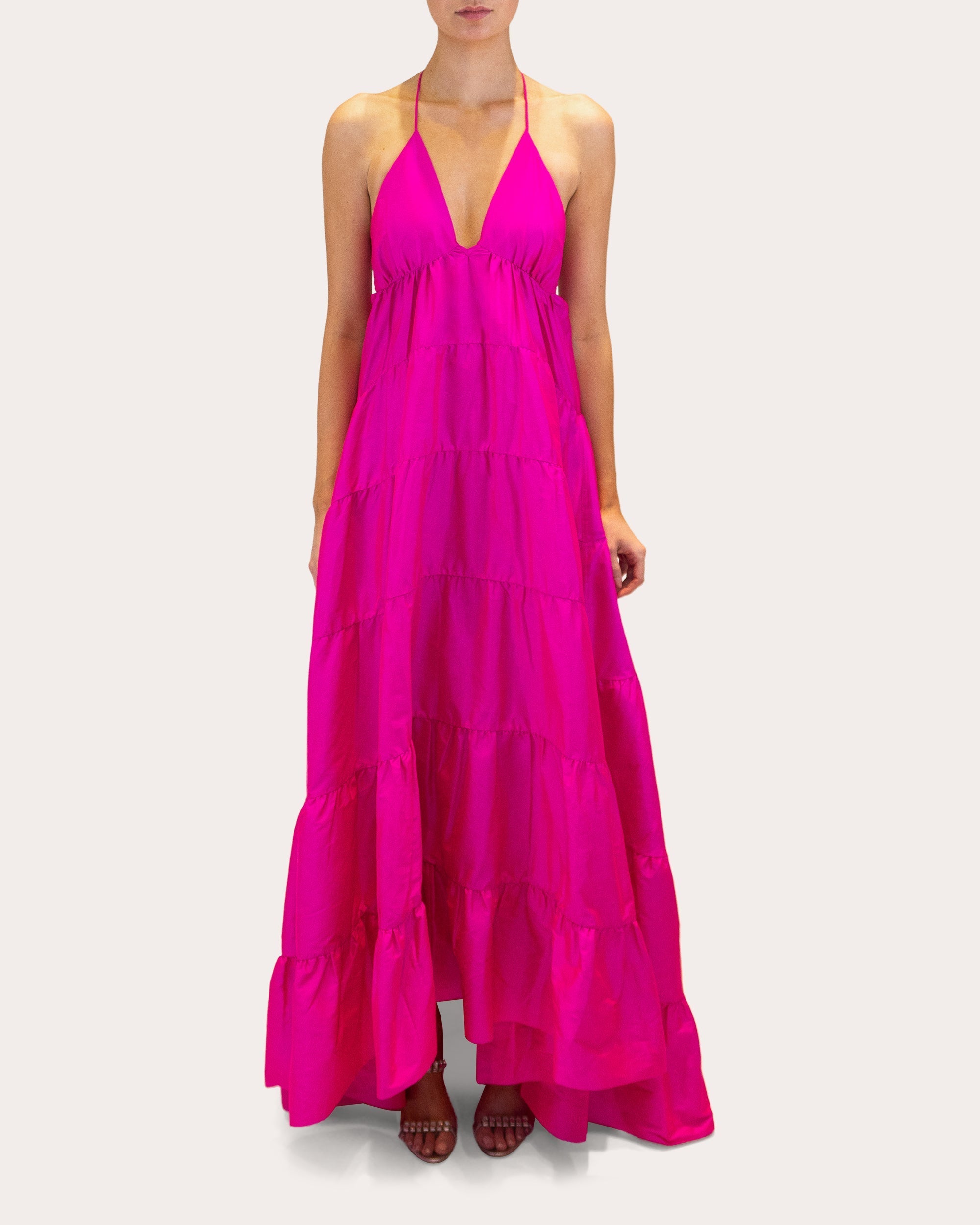 Olesia Tiered Taffeta Halter Gown