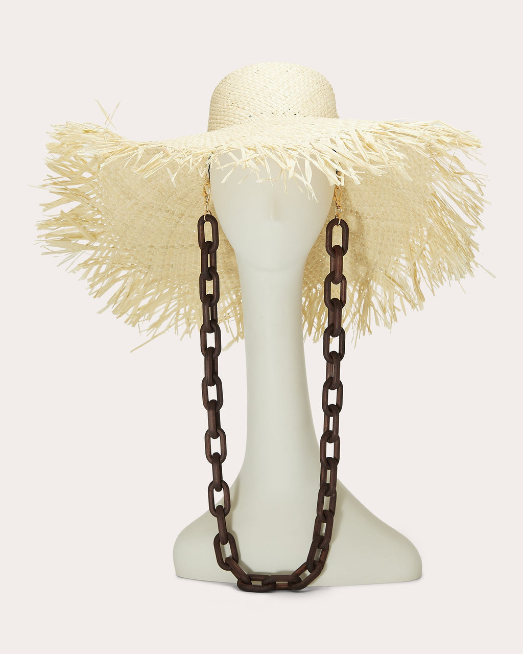 Valentina Wood Chain-Embellished Fringed Raffia Sun Hat
