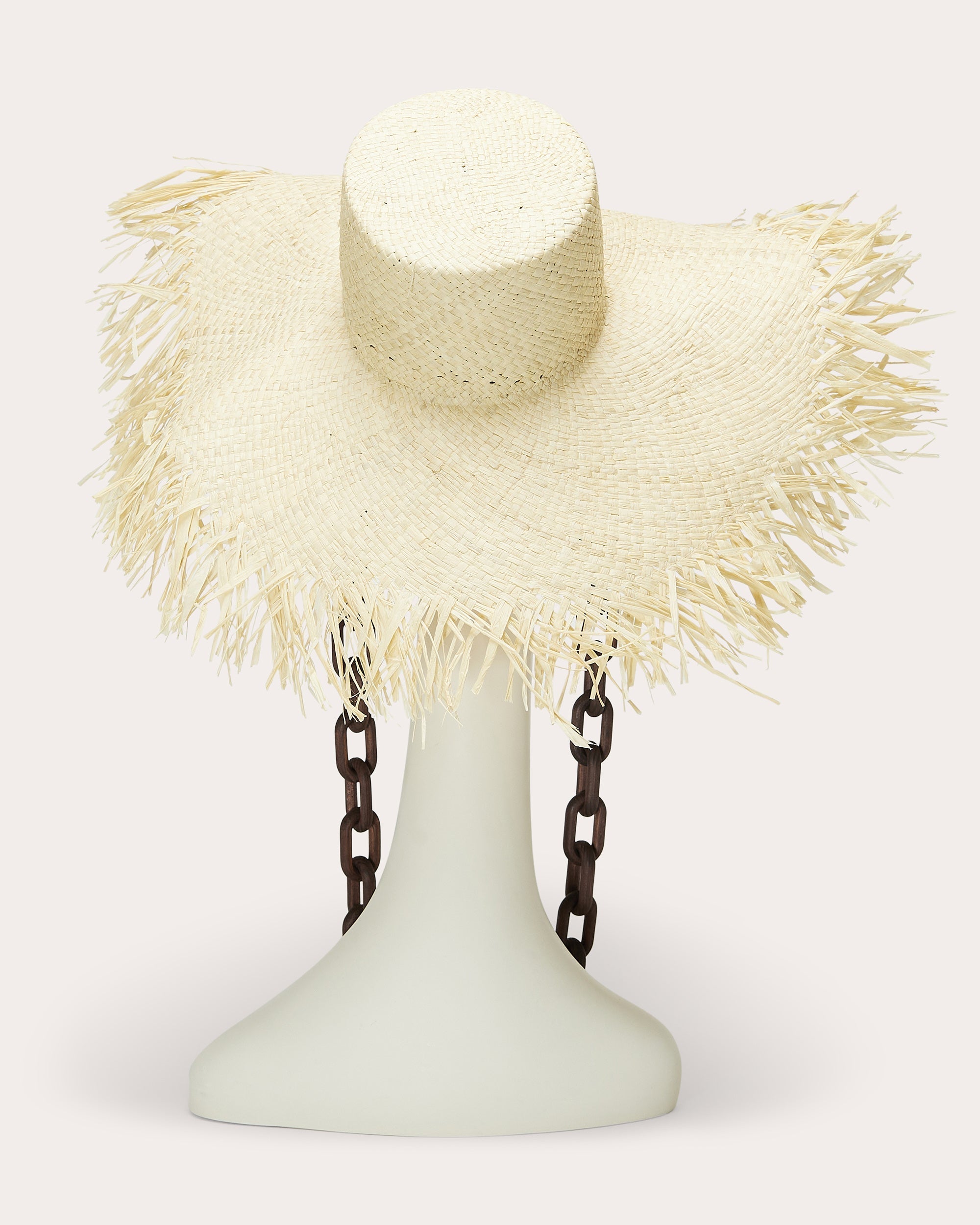 Valentina Wood Chain-Embellished Fringed Raffia Sun Hat