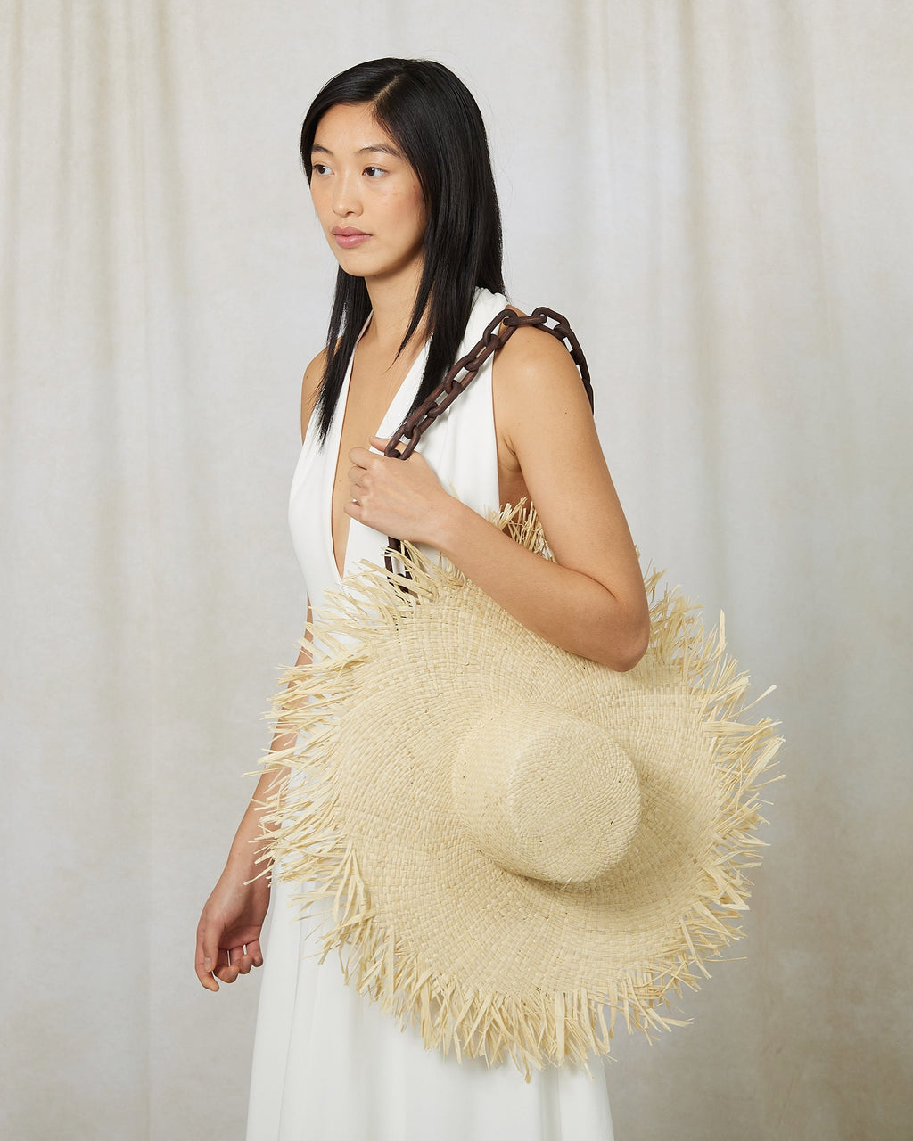 Valentina Wood Chain-Embellished Fringed Raffia Sun Hat