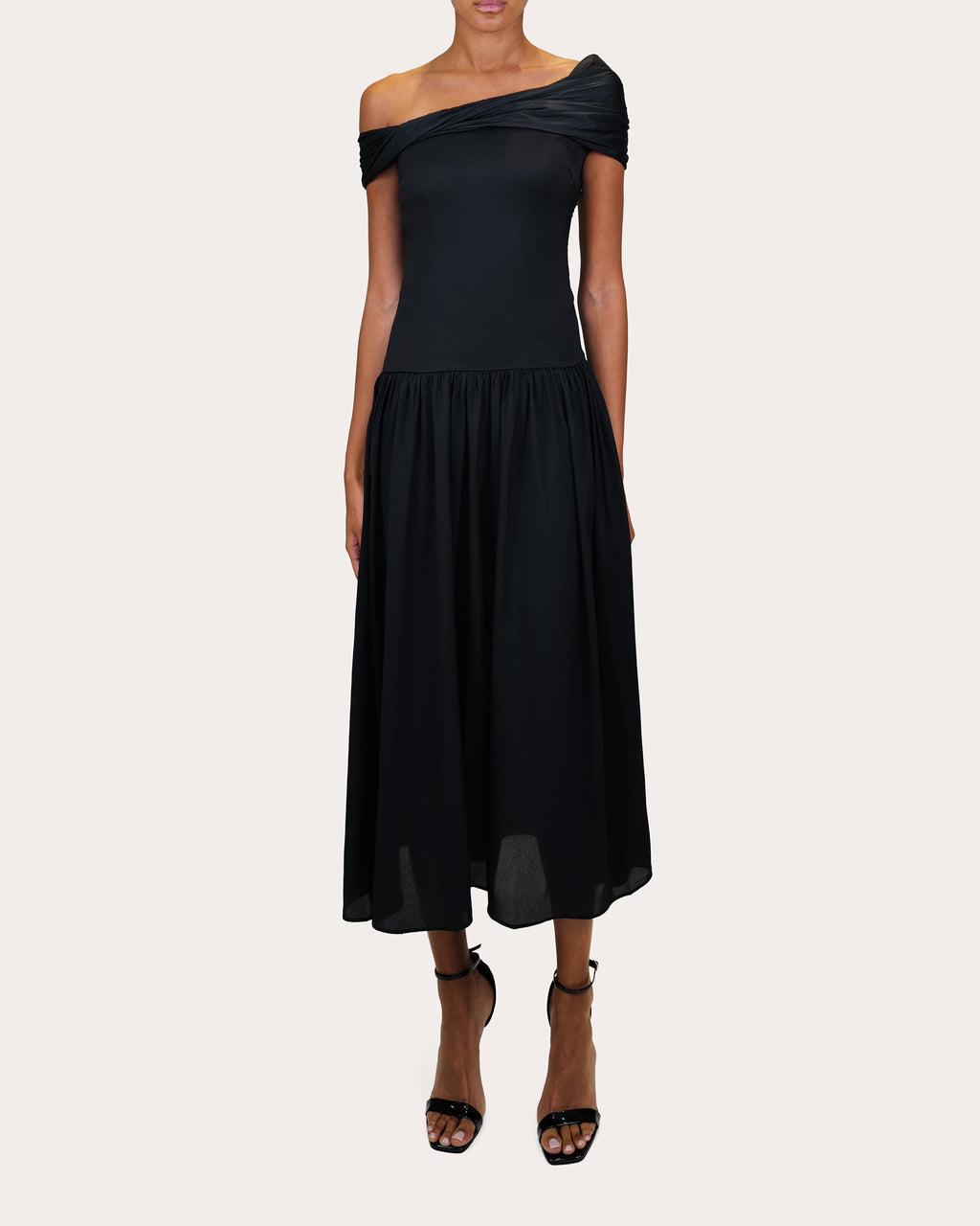 Veda Draped Off-the-Shoulder Satin Midi Dress