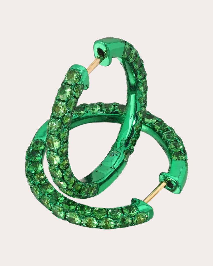 Three-Sided Large 18K Gold Tsavorite Hoop Earrings