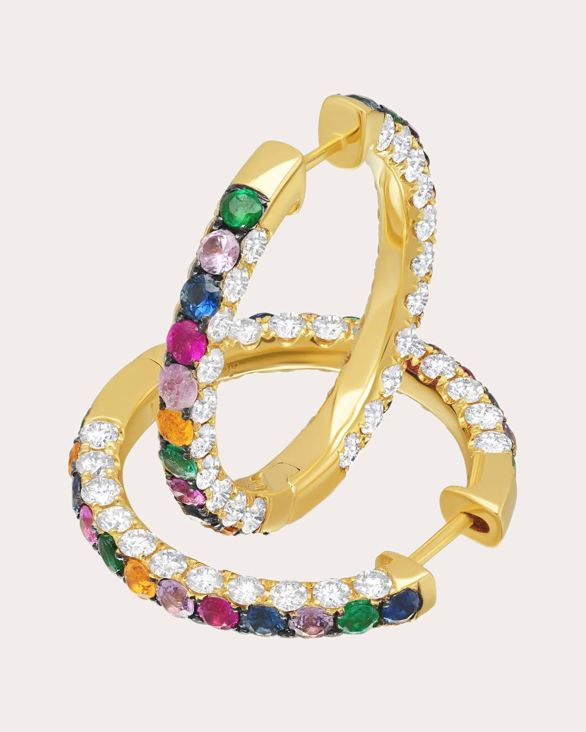 Three-Sided 18K Gold Multi-Stone Hoop Earrings