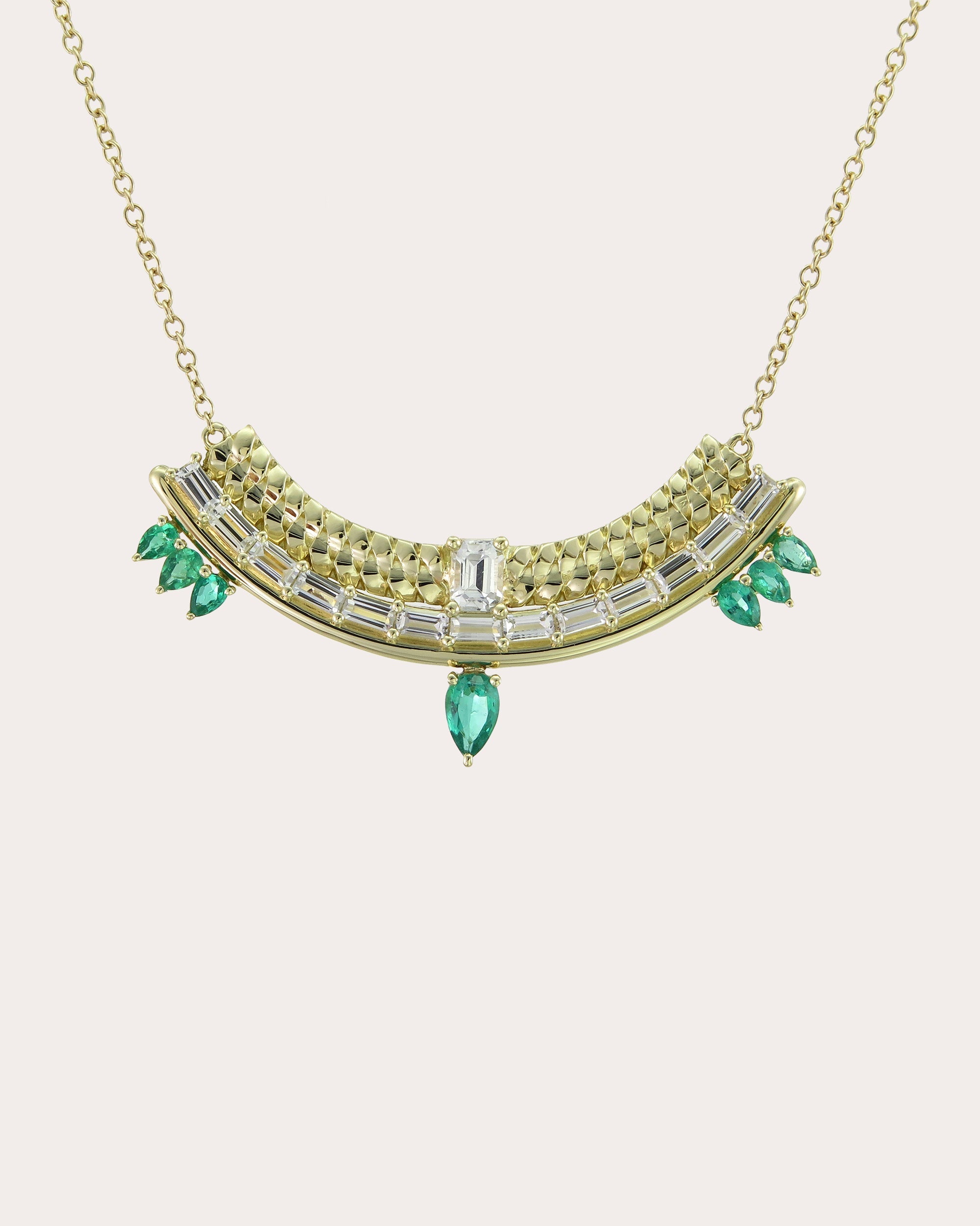 Type Stack 14K Gold White Sapphire and Emerald Pendant Necklace