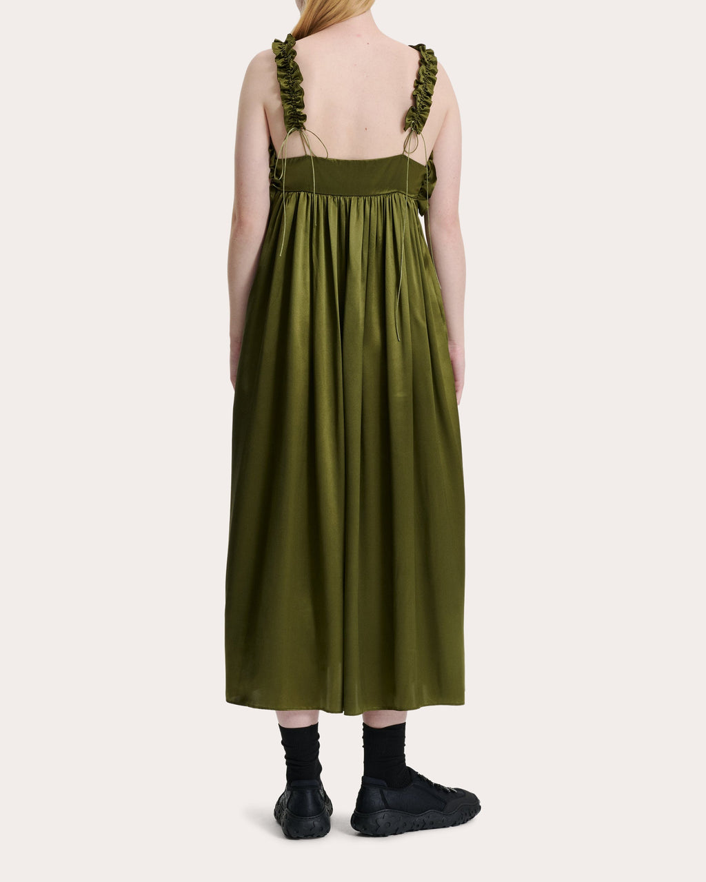 Giovanna Smocked Ruffle-Trimmed Silk Satin Midi Dress