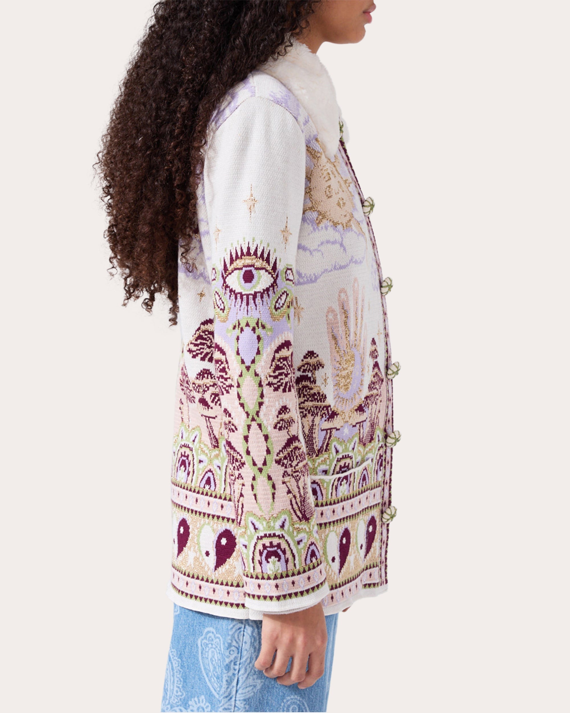 Written in the Stars Faux Fur Trimmed Jacquard Knit Jacket
