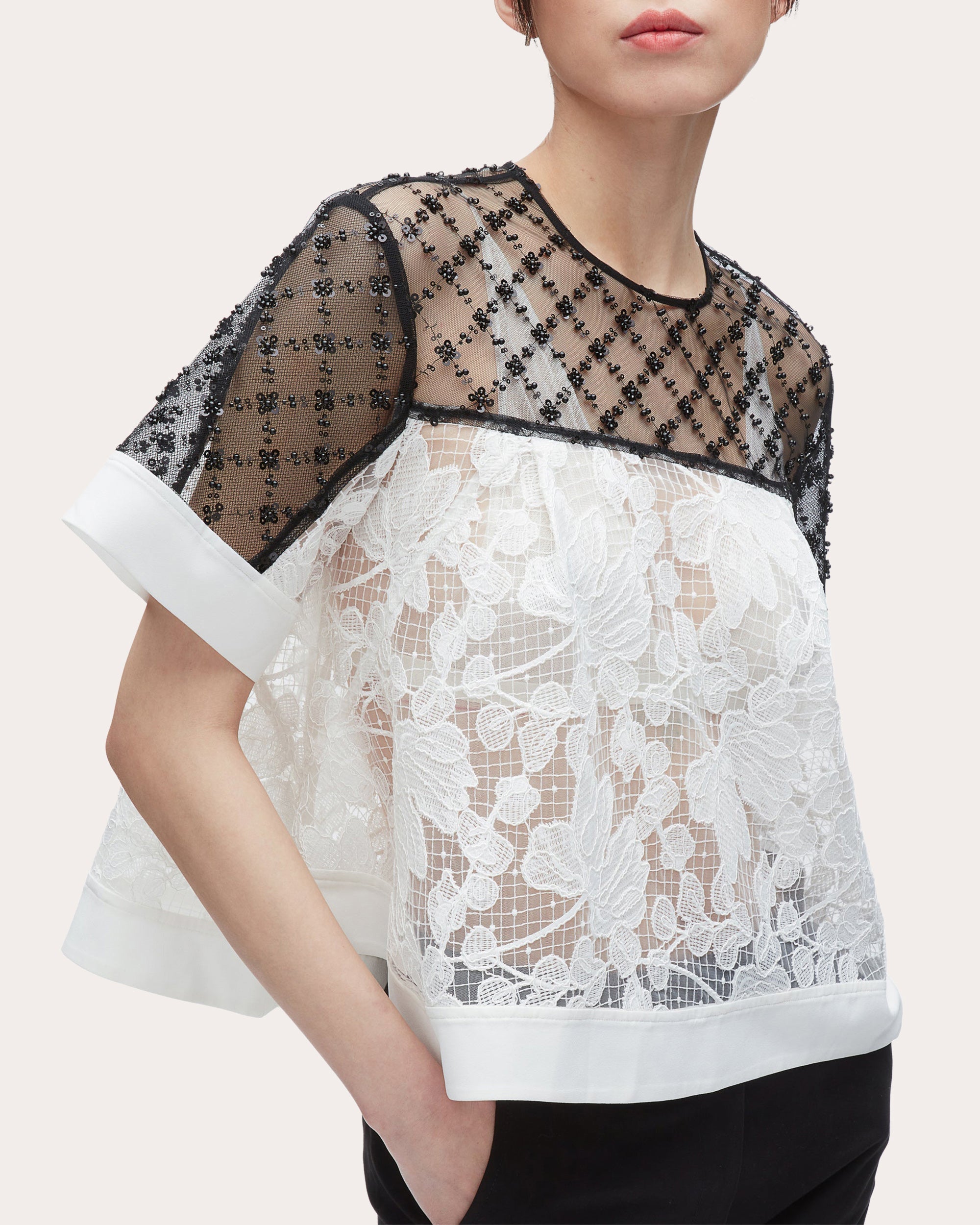 Embellished Floral Lace Organza Top
