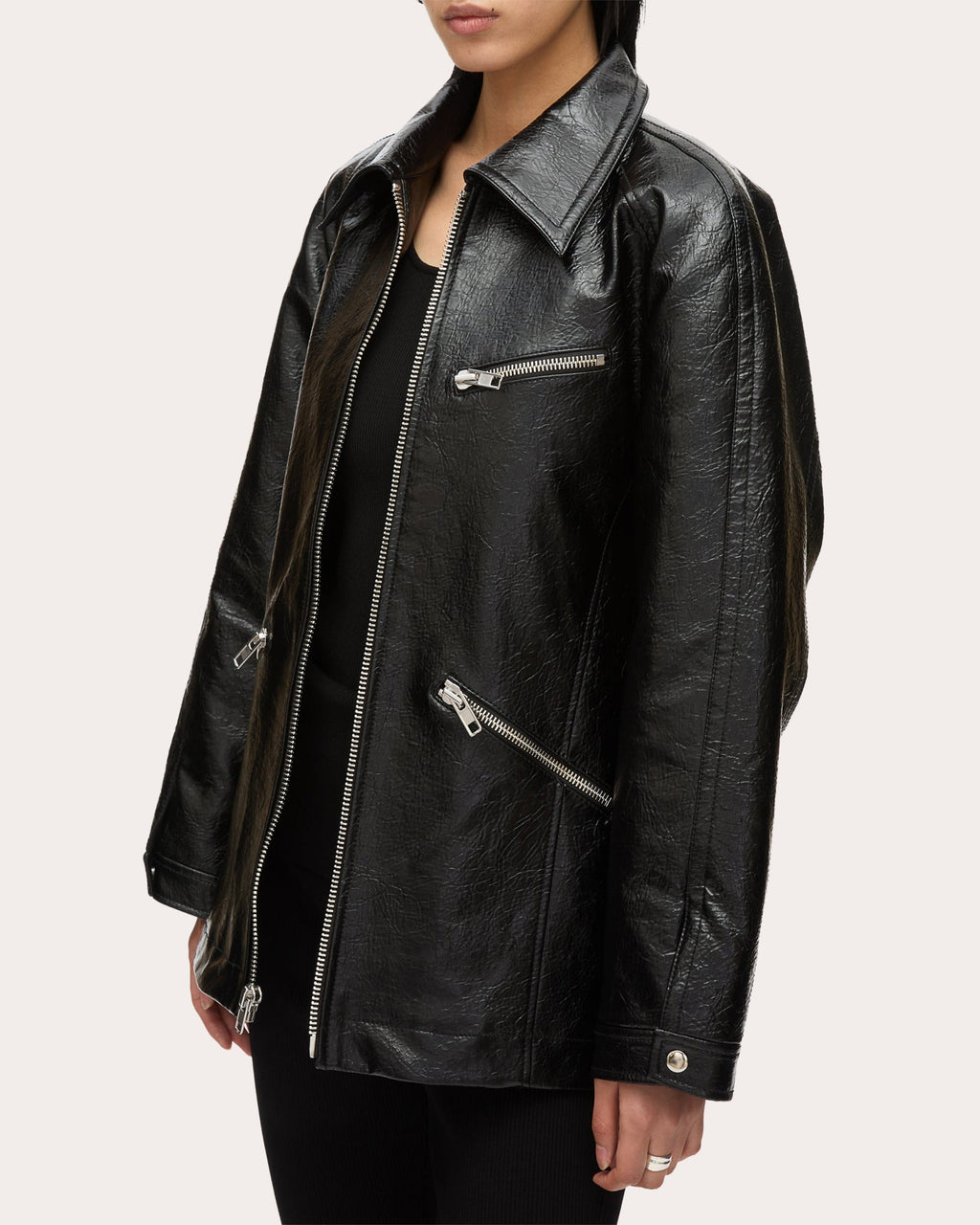 Zipper-Embellished Faux Leather Jacket