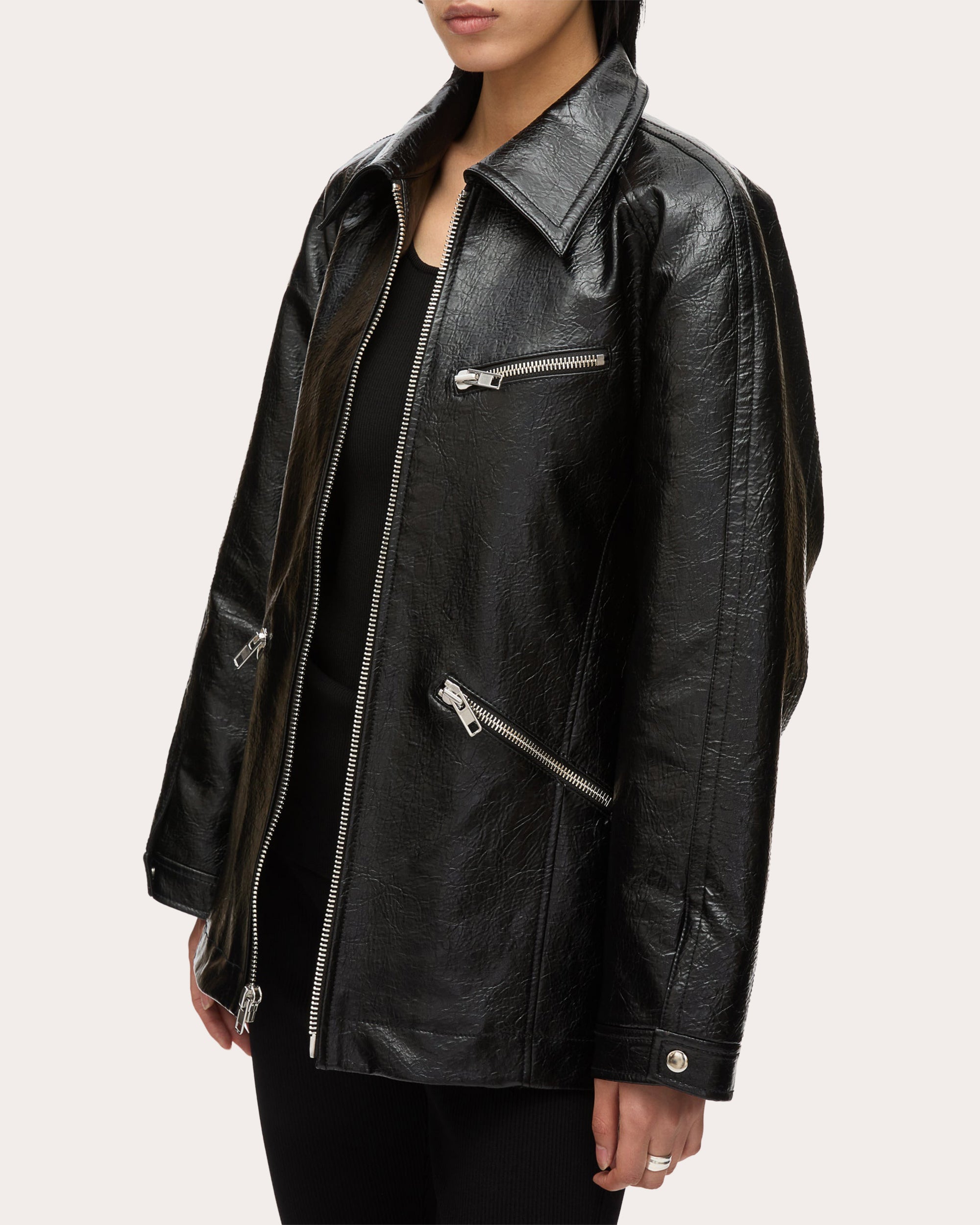 Zipper-Embellished Faux Leather Jacket