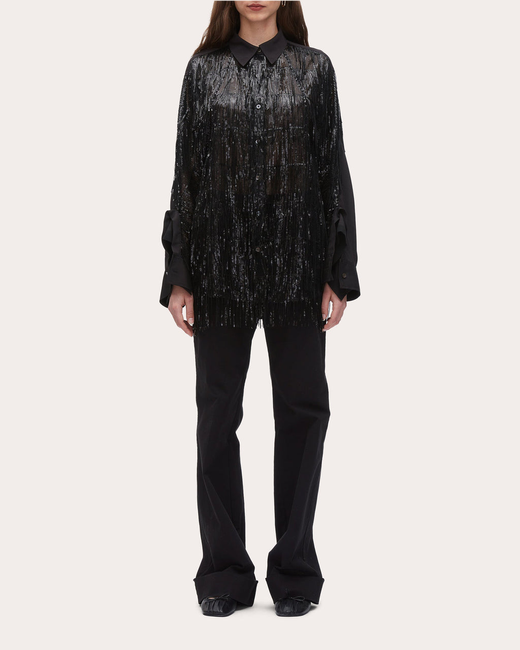 Fringed Sequin-Embellished Crepe Blouse