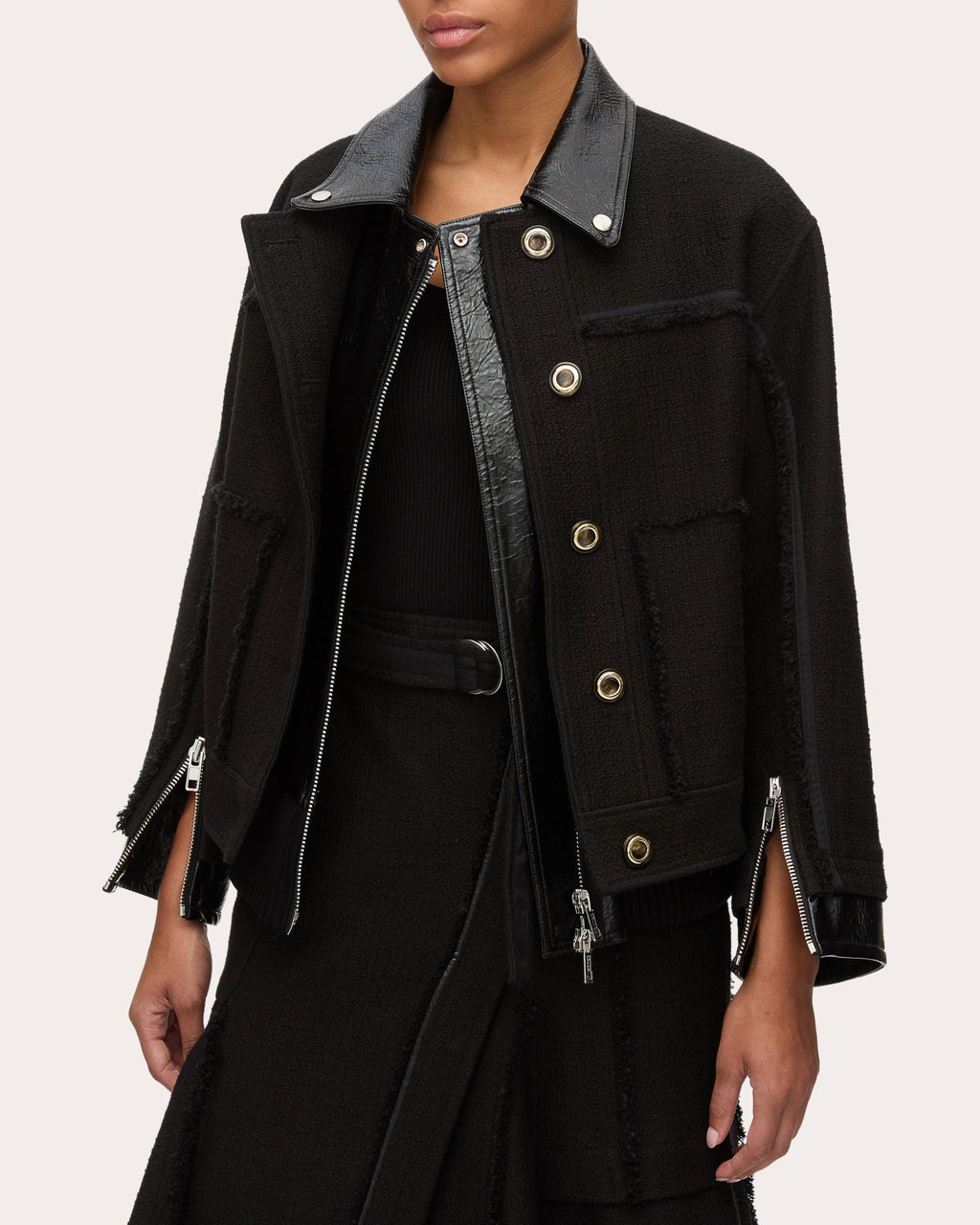 Layered Faux Leather-Trim Tweed Jacket