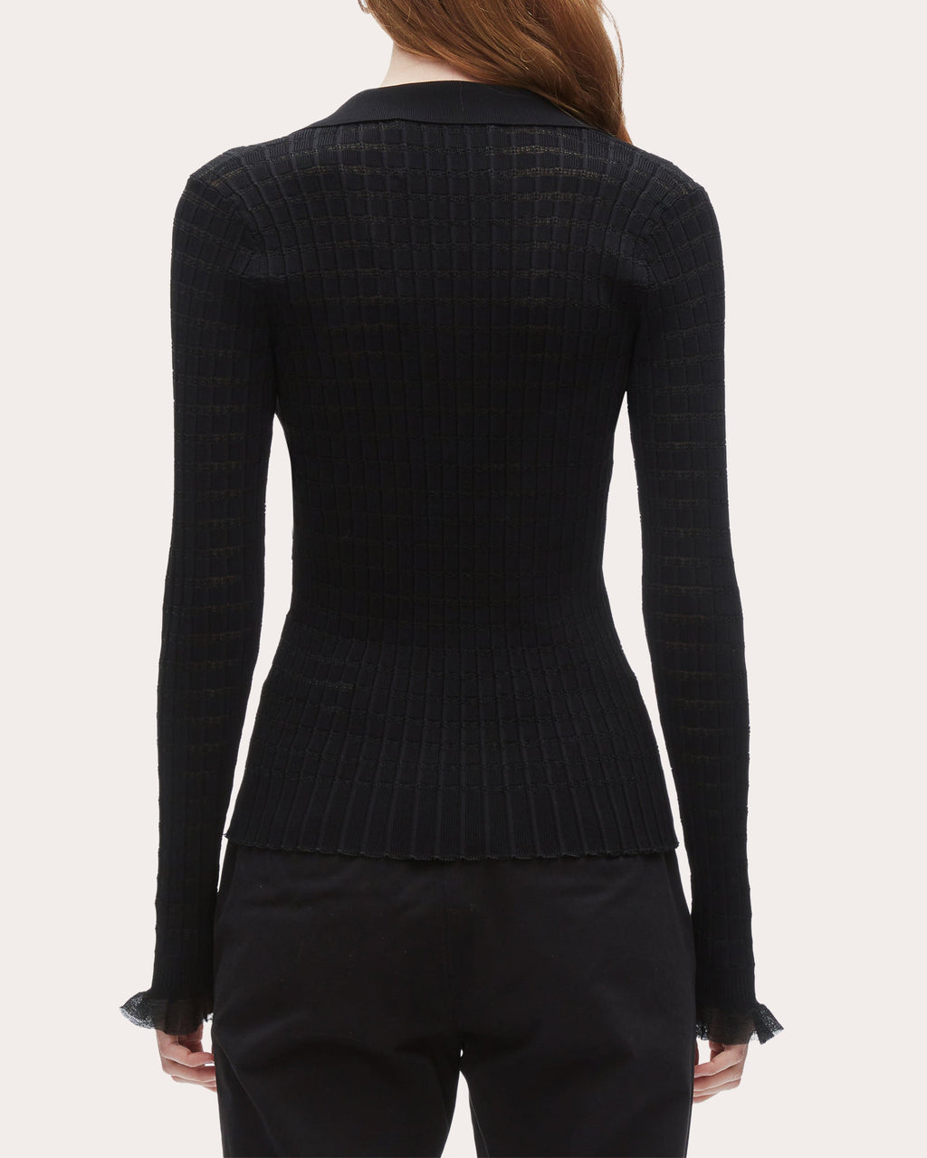 Ribbed Pointelle Knit Polo Top