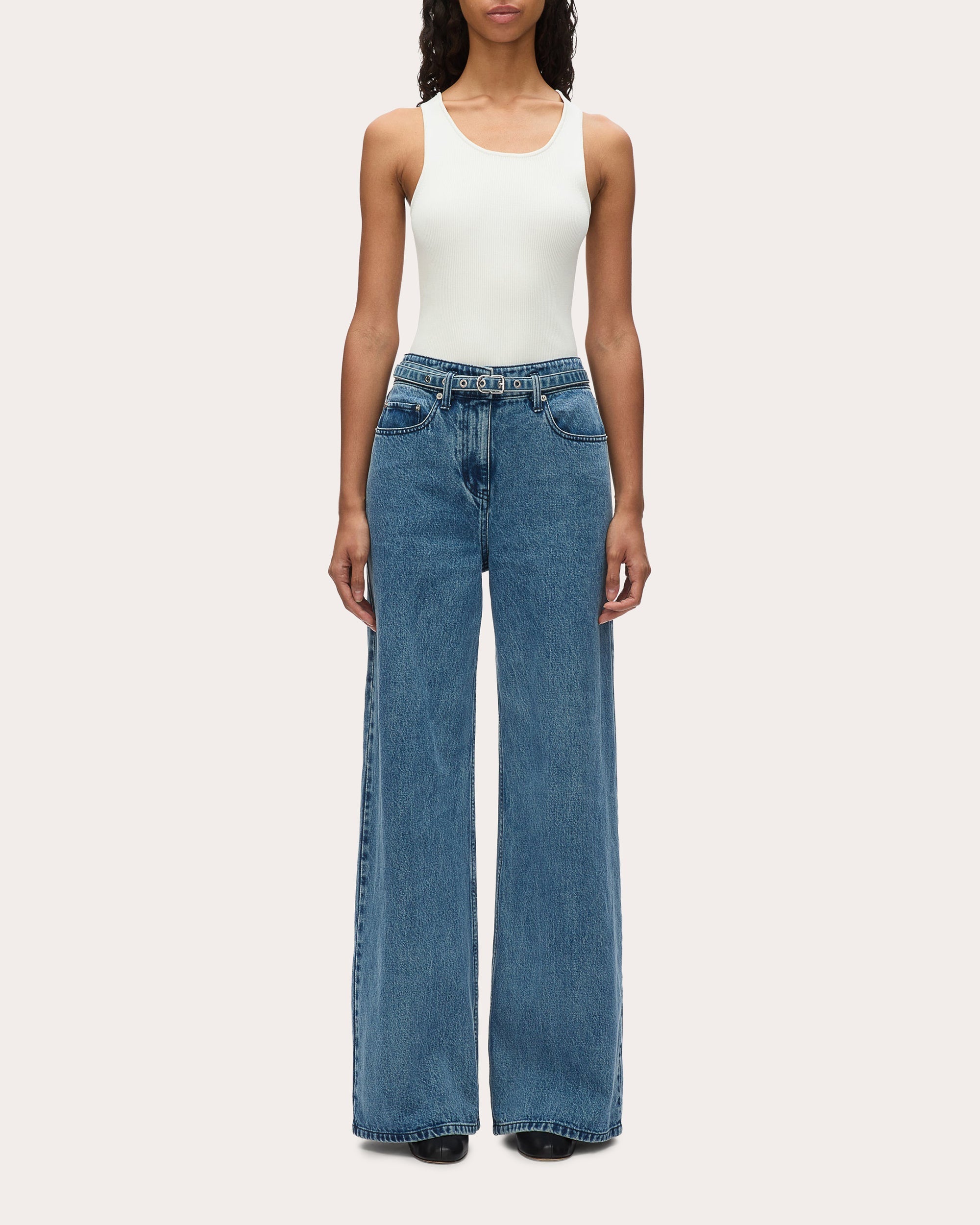 Belted Wide-Leg Denim Jeans