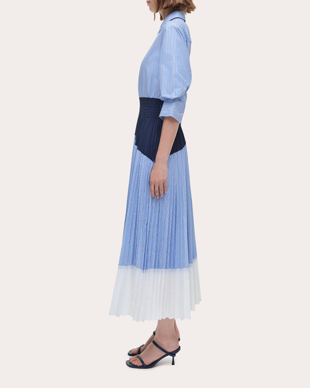 Jenella Stripe Pleated Cotton Poplin Midi Shirt Dress
