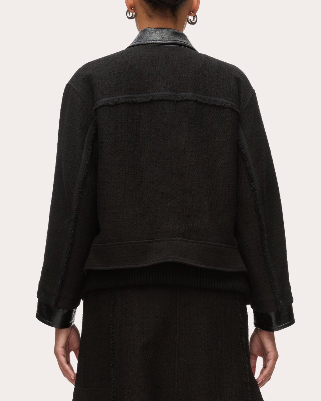 Layered Faux Leather-Trim Tweed Jacket