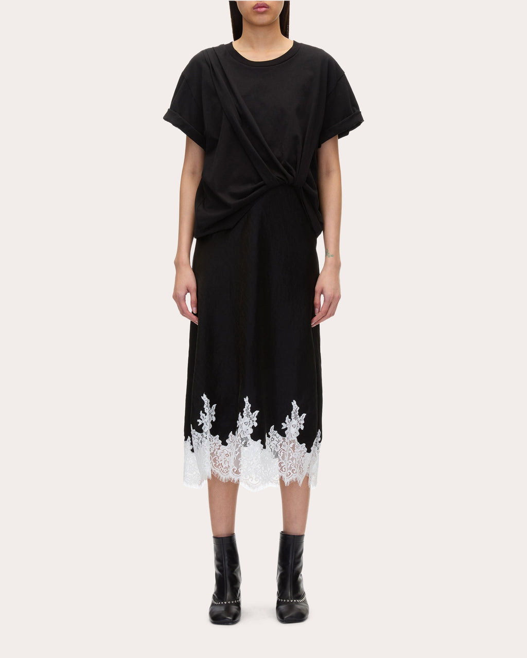 Layered Lace-Trimmed Cotton-Jersey and Satin Midi Dress