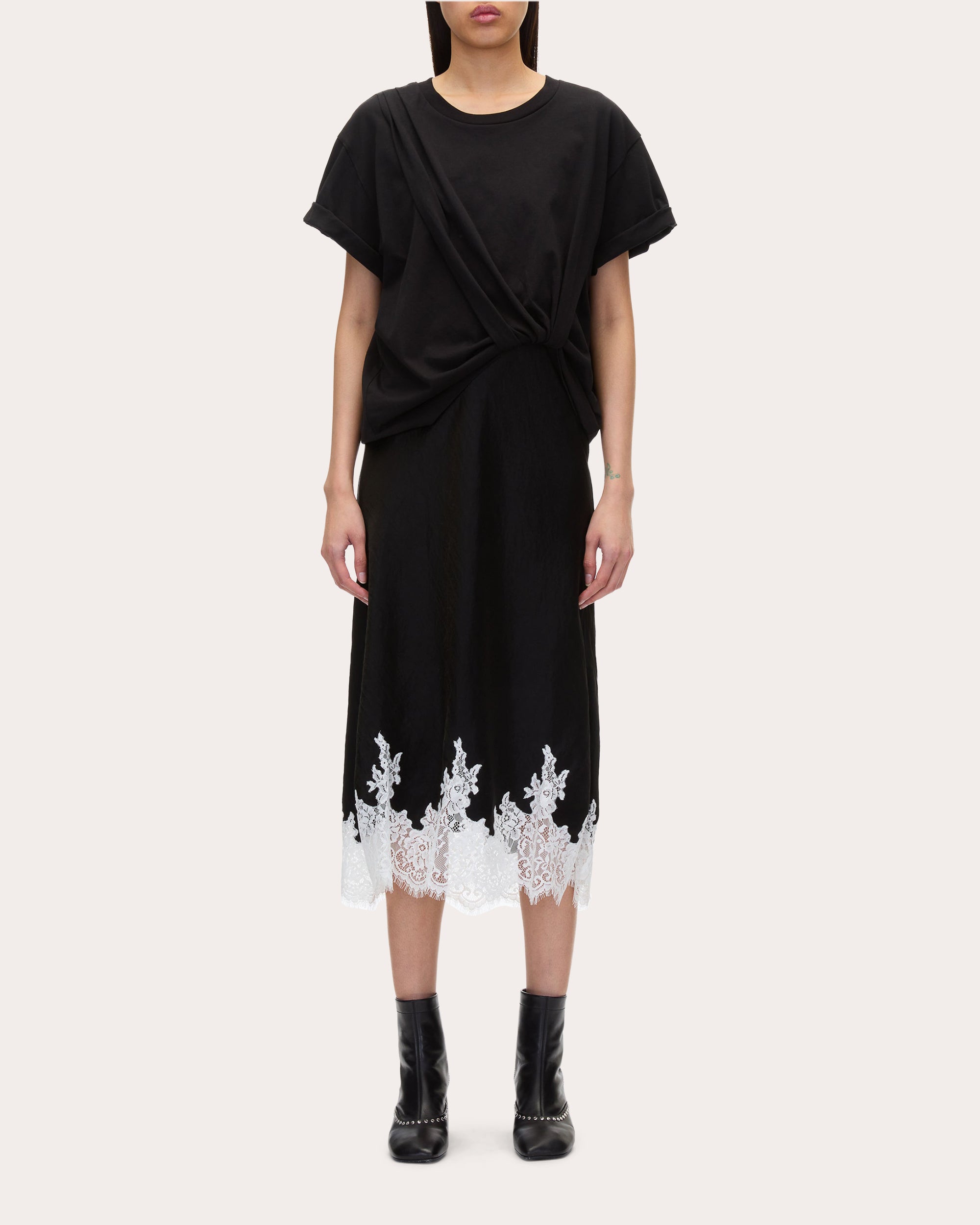 Layered Lace-Trimmed Cotton-Jersey and Satin Midi Dress