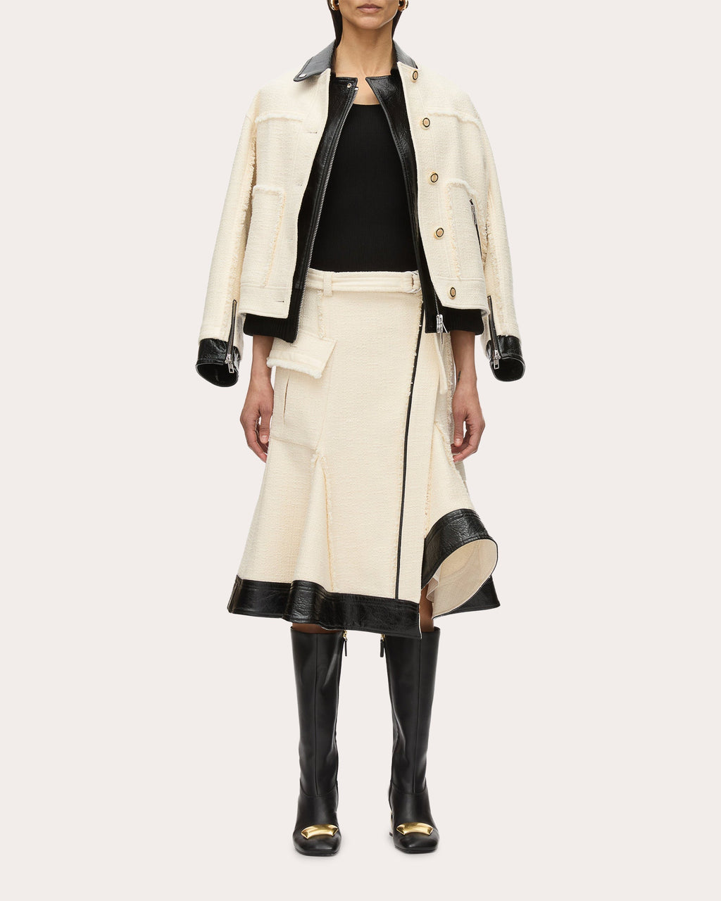 Belted Faux Leather-Trim Tweed Skirt