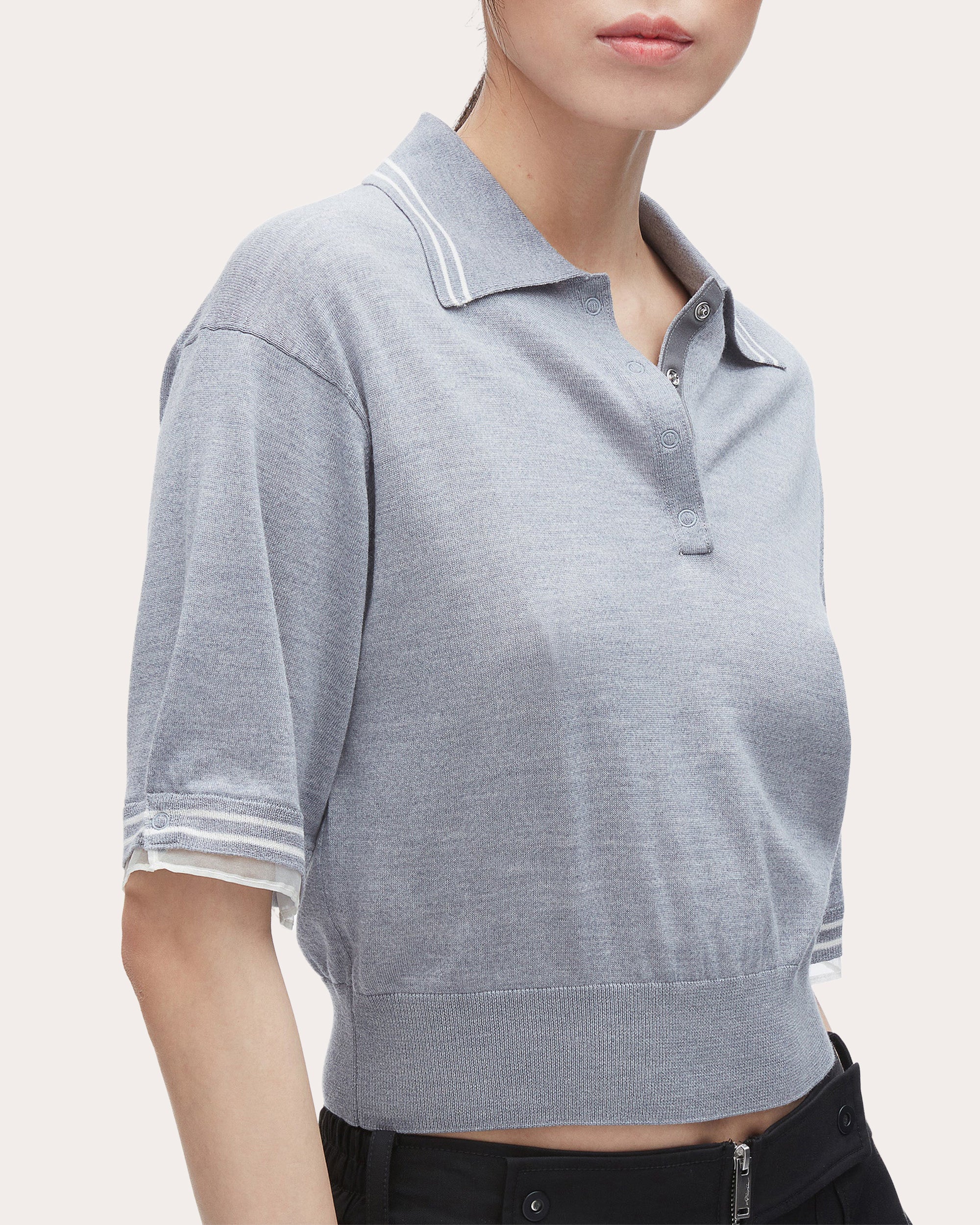 Cropped Organza-Trimmed Wool Polo Shirt