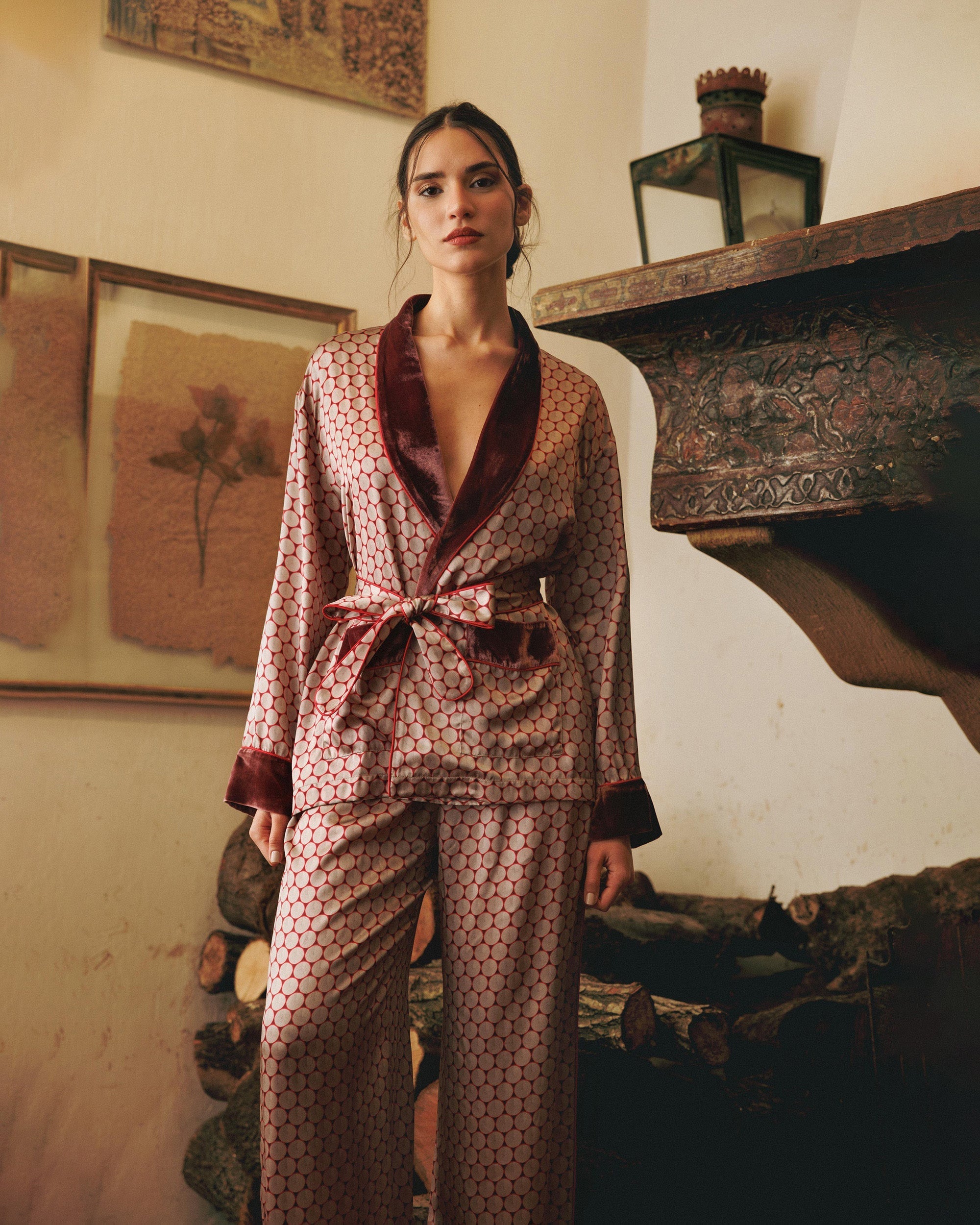 Ari Wagasa Printed Velvet-Trim Silk Satin Pajama Set