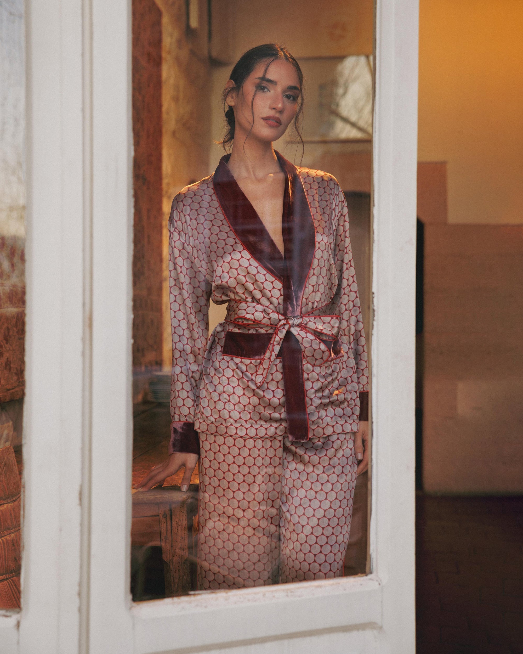 Ari Wagasa Printed Velvet-Trim Silk Satin Pajama Set