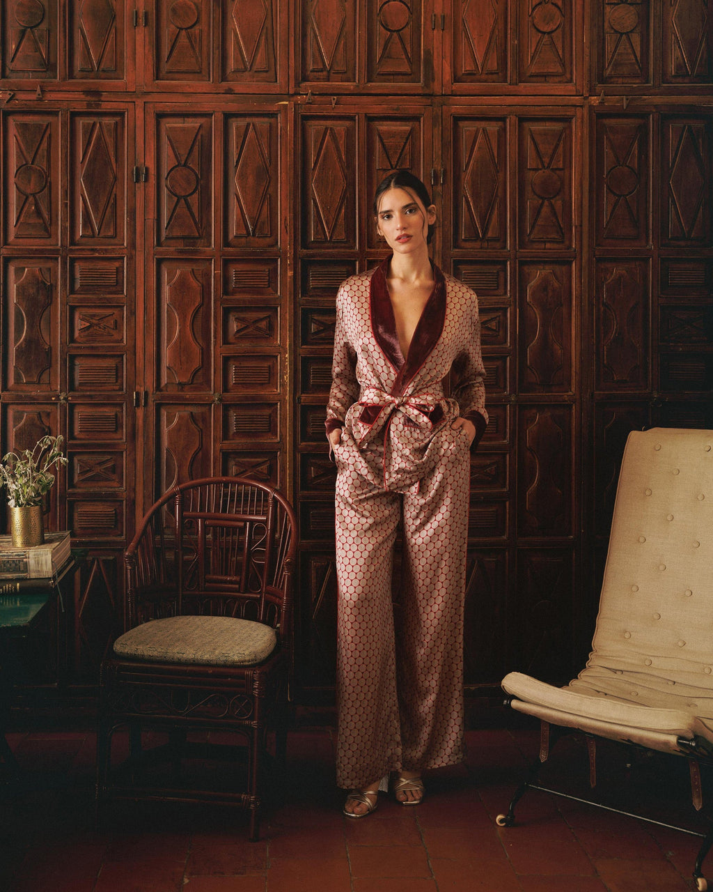 Ari Wagasa Printed Velvet-Trim Silk Satin Pajama Set