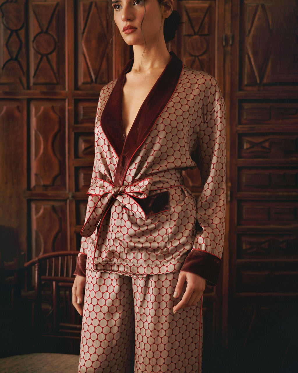 Ari Wagasa Printed Velvet-Trim Silk Satin Pajama Set