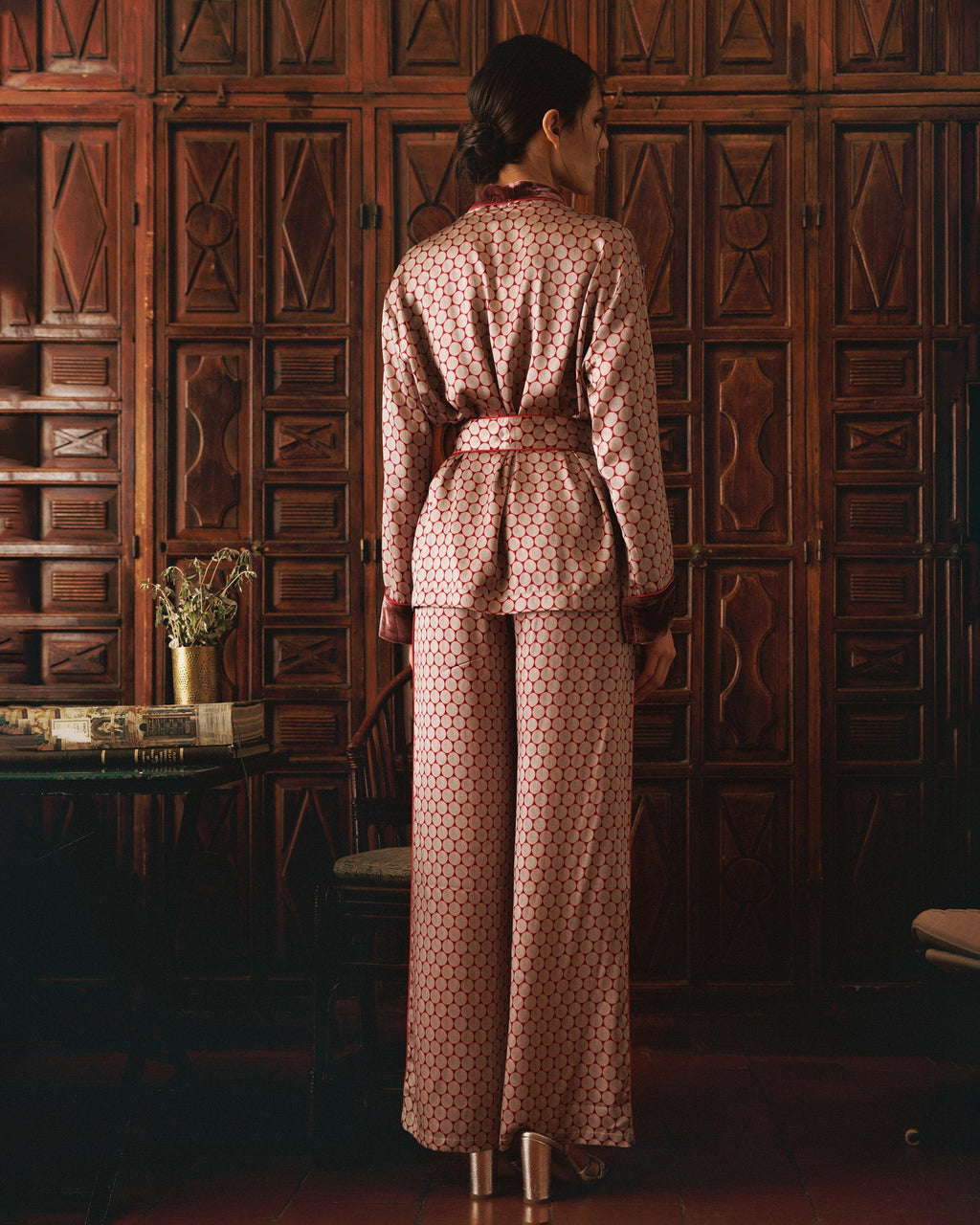Ari Wagasa Printed Velvet-Trim Silk Satin Pajama Set