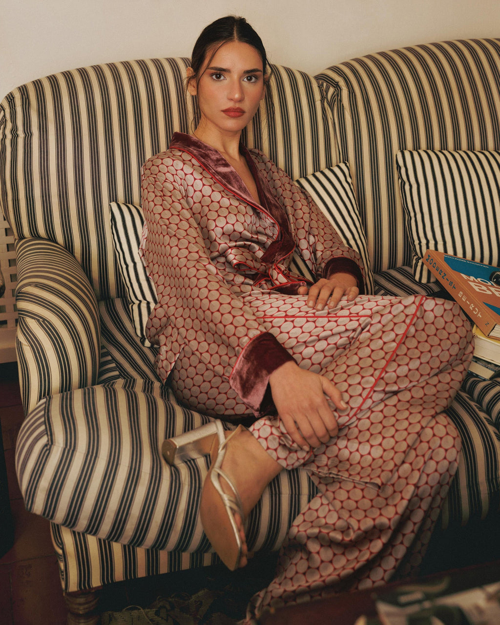 Ari Wagasa Printed Velvet-Trim Silk Satin Pajama Set
