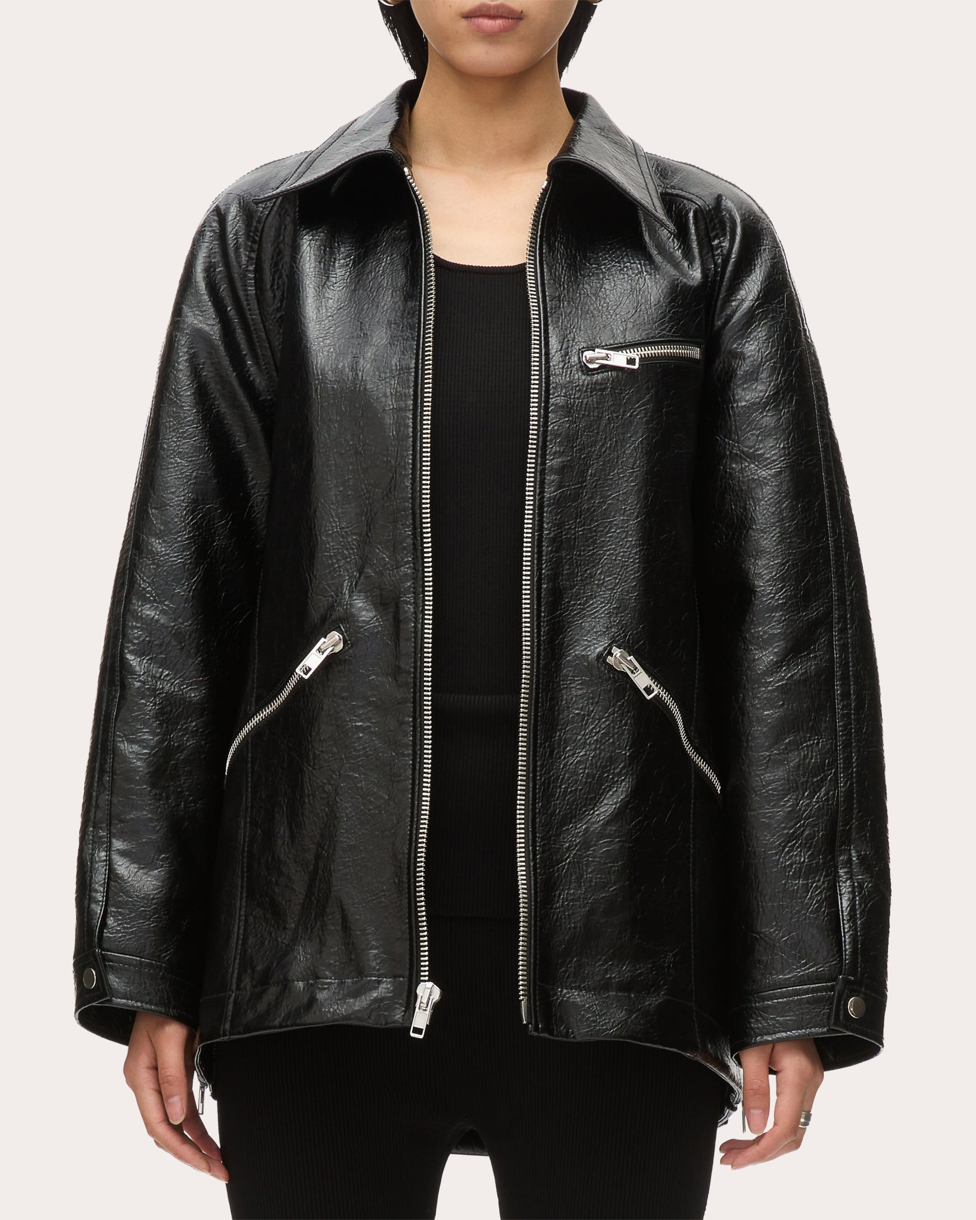 Zipper-Embellished Faux Leather Jacket
