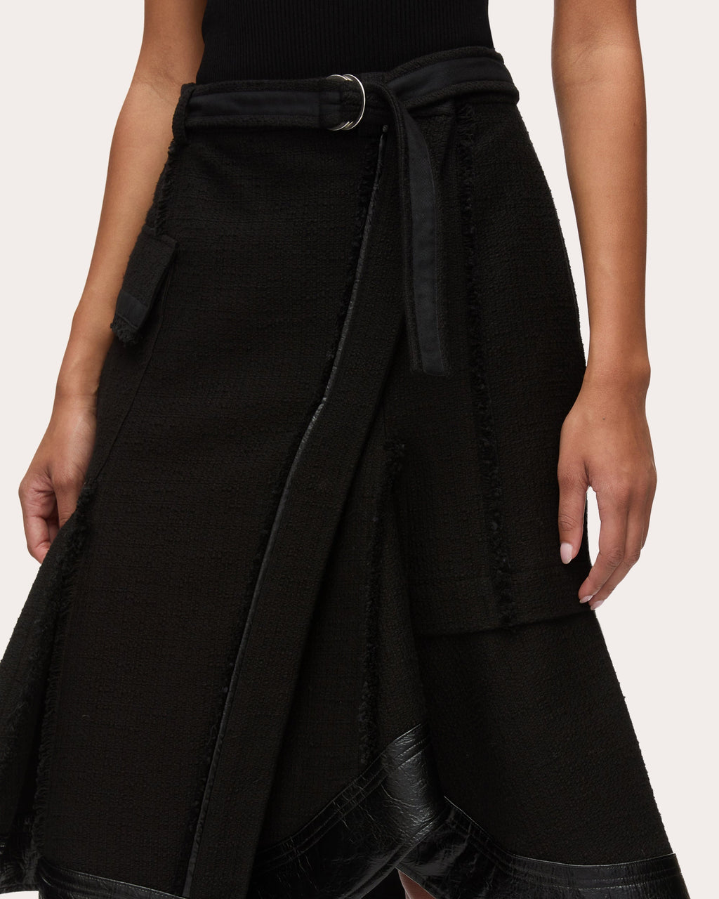 Belted Faux Leather-Trim Tweed Skirt