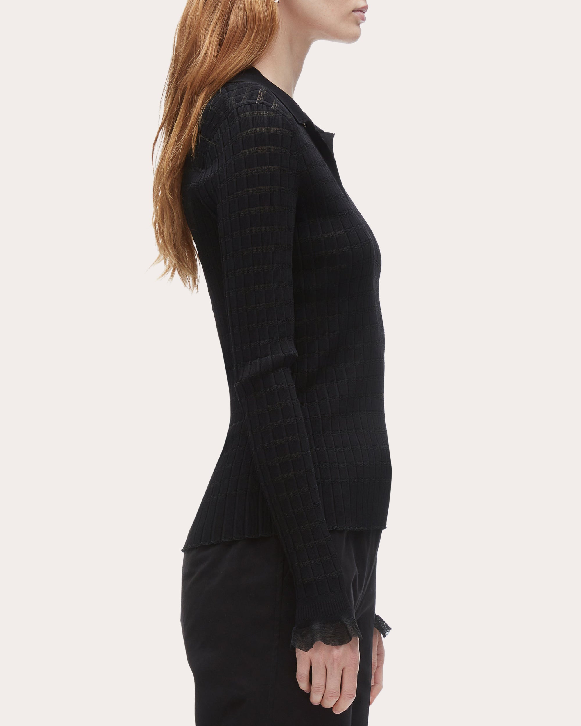 Ribbed Pointelle Knit Polo Top