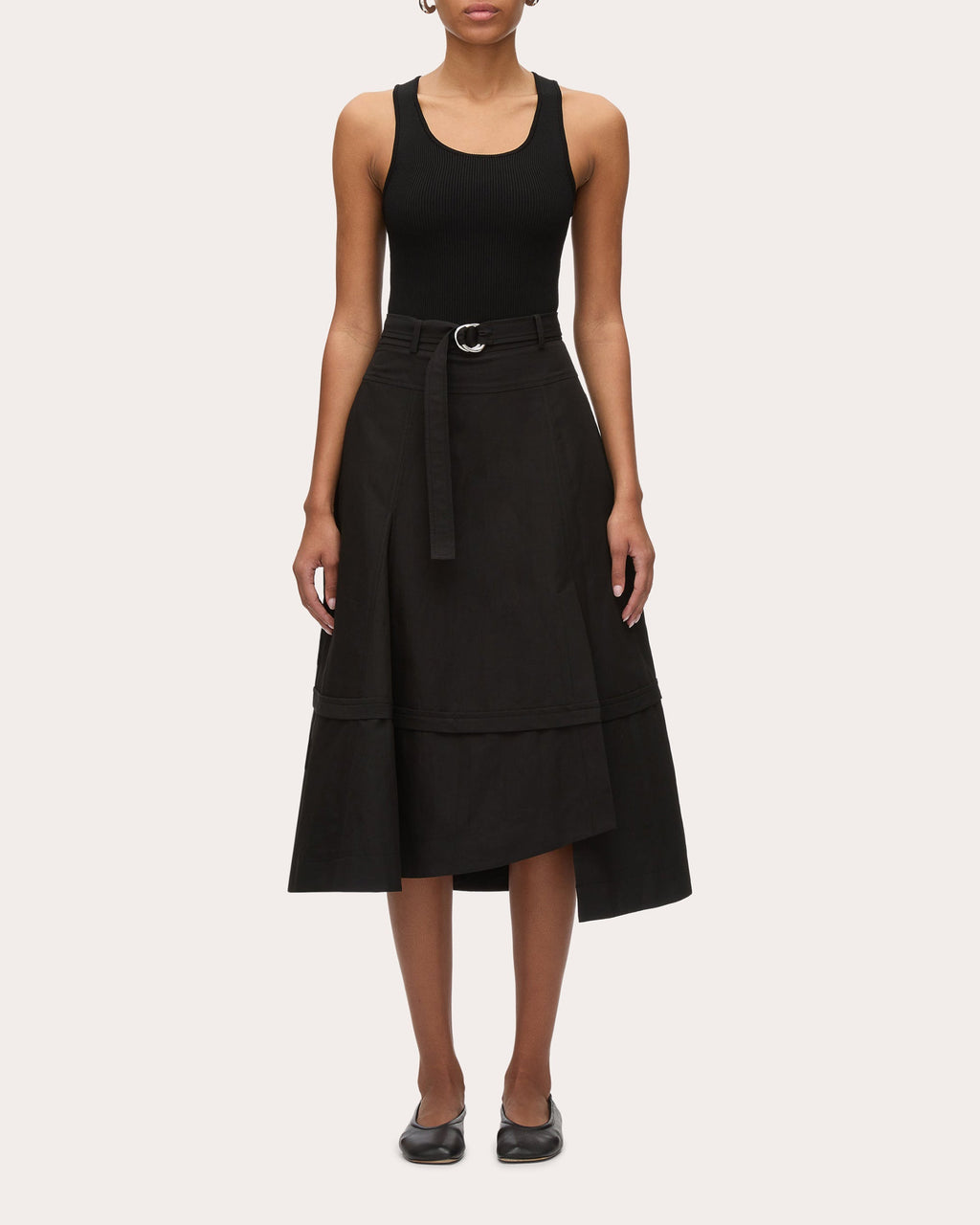 Belted Asymmetric Paneled Cotton Midi Skirt