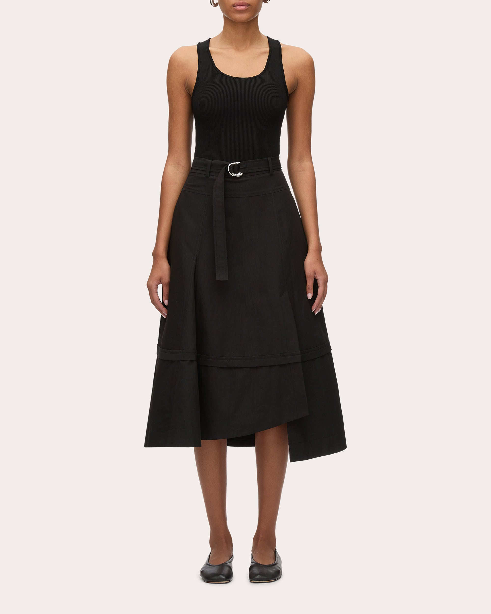 Belted Asymmetric Paneled Cotton Midi Skirt