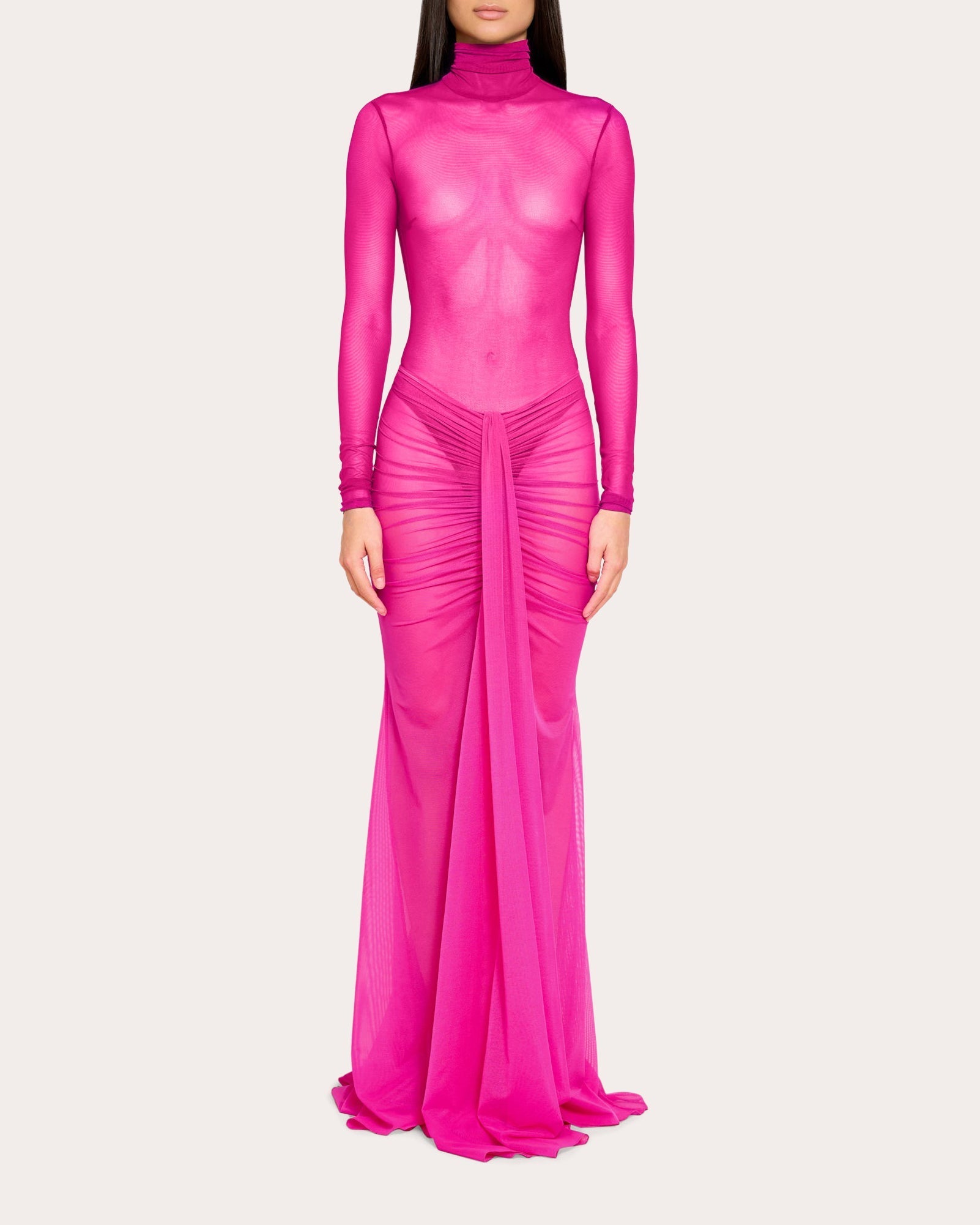 Ruched Draped Mesh Maxi Skirt