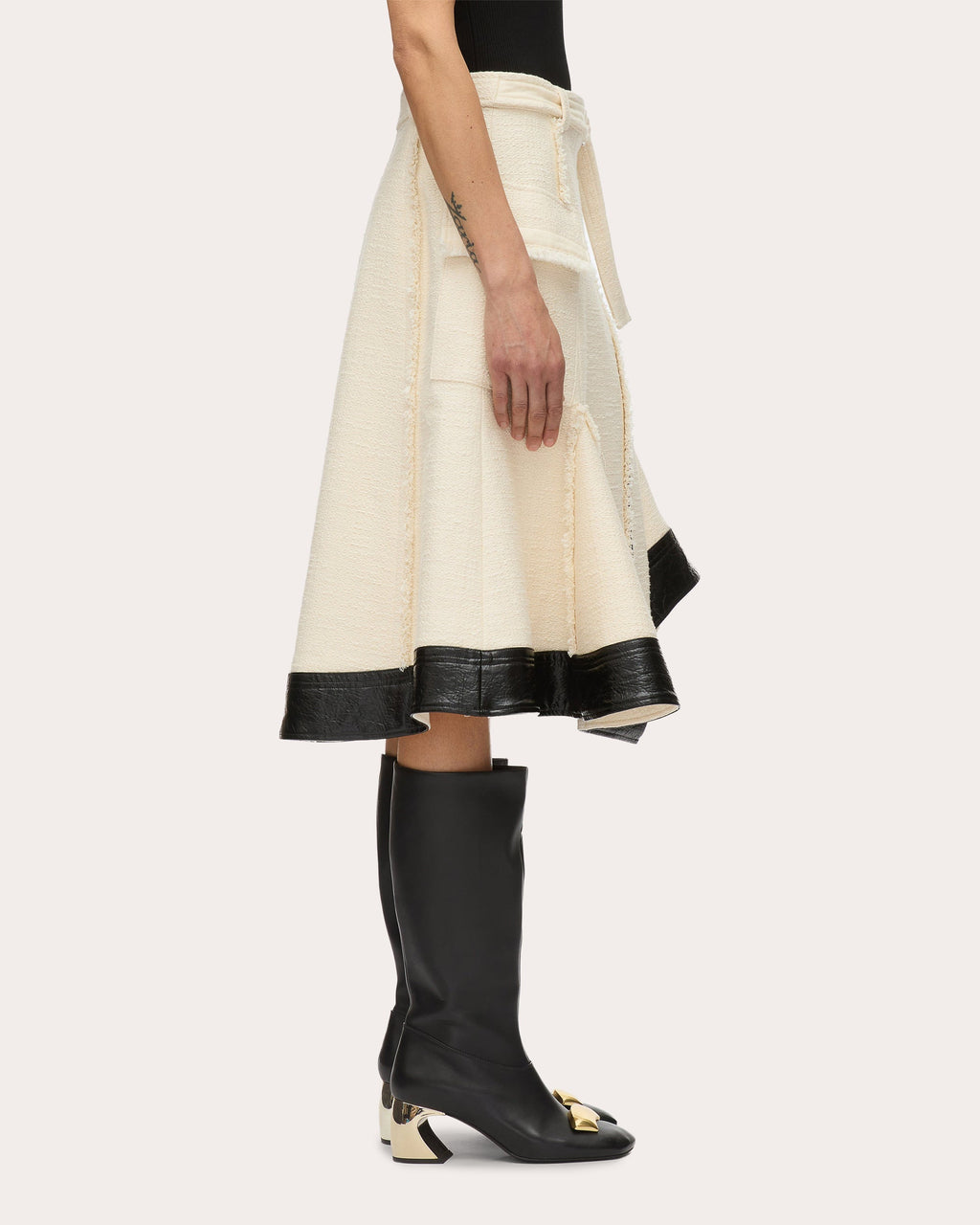 Belted Faux Leather-Trim Tweed Skirt