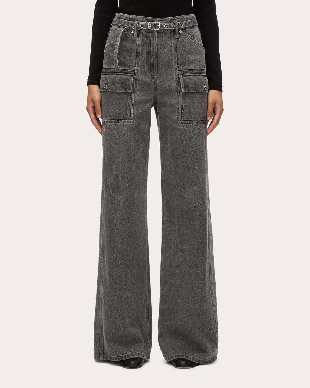 Belted Acid-Washed Wide-Leg Cargo Jeans