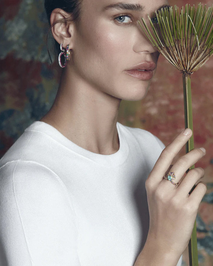 Three-Sided 18K Gold Multi-Stone Hoop Earrings