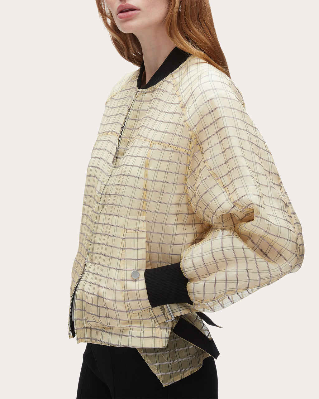 Plaid-Print Silk Organza Bomber Jacket