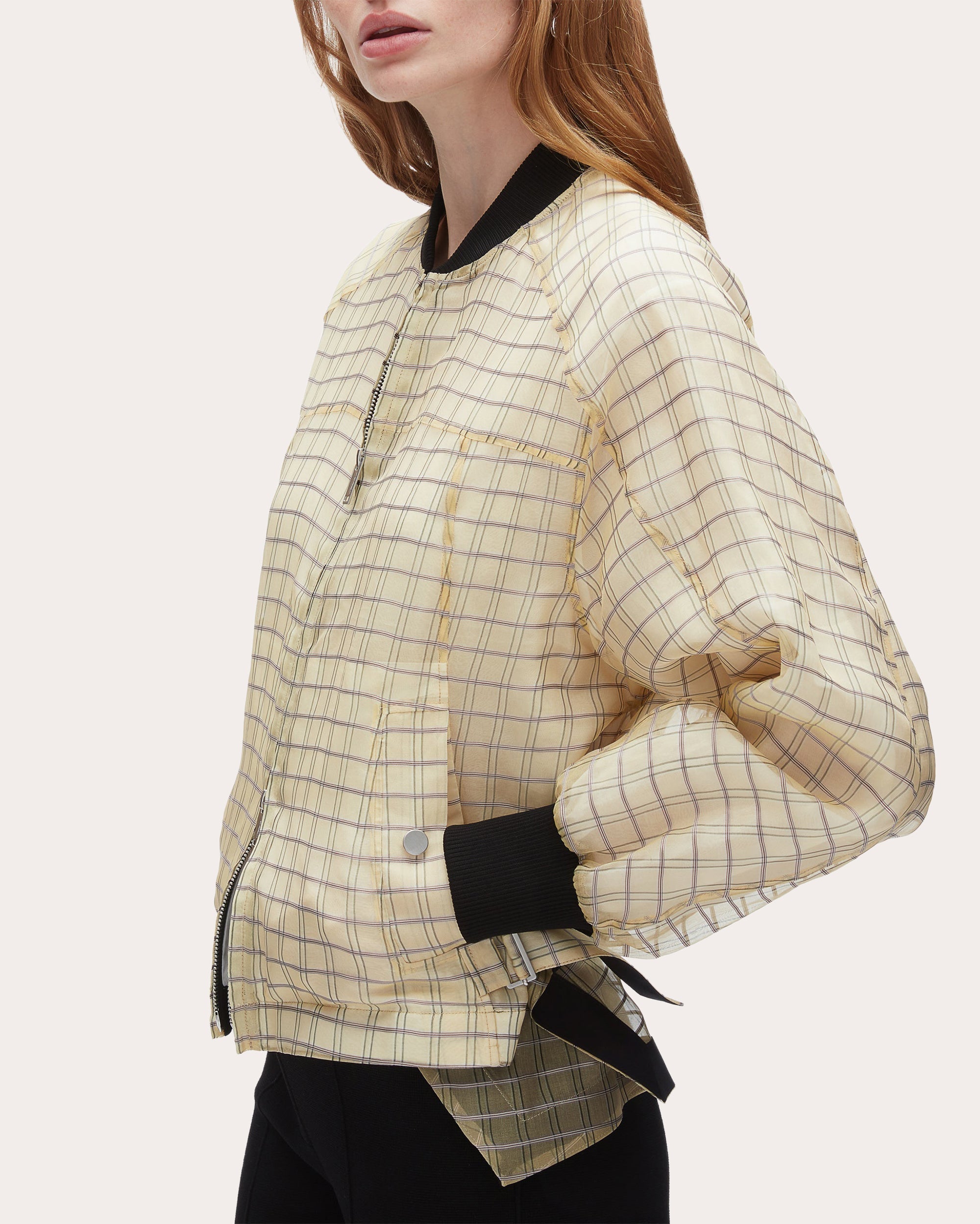 Plaid-Print Silk Organza Bomber Jacket