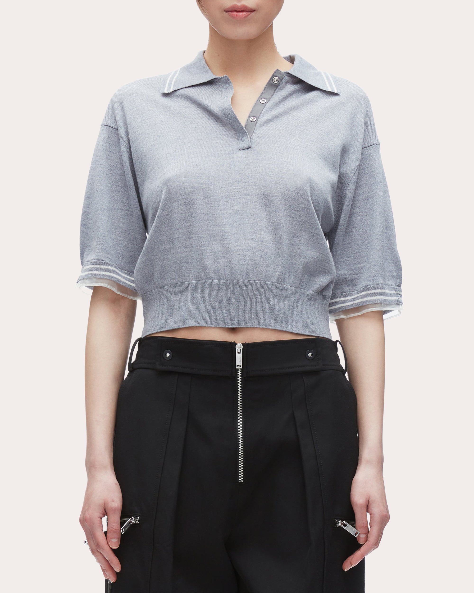 Cropped Organza-Trimmed Wool Polo Shirt