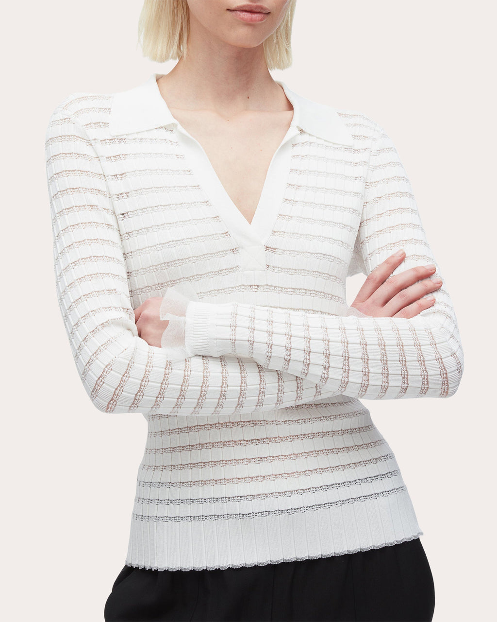 Ribbed Pointelle Knit Polo Top