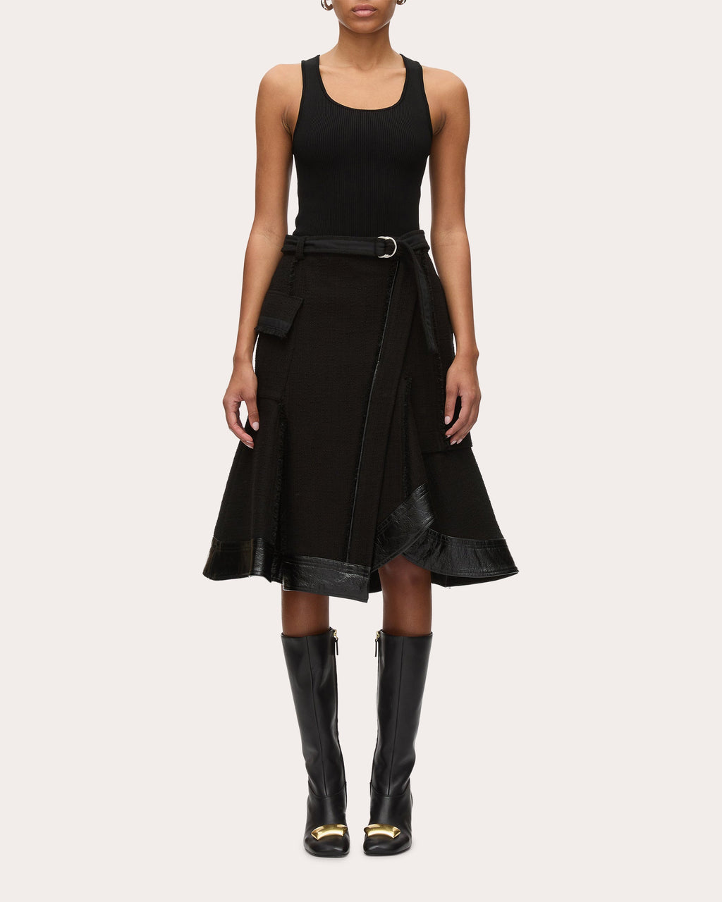 Belted Faux Leather-Trim Tweed Skirt