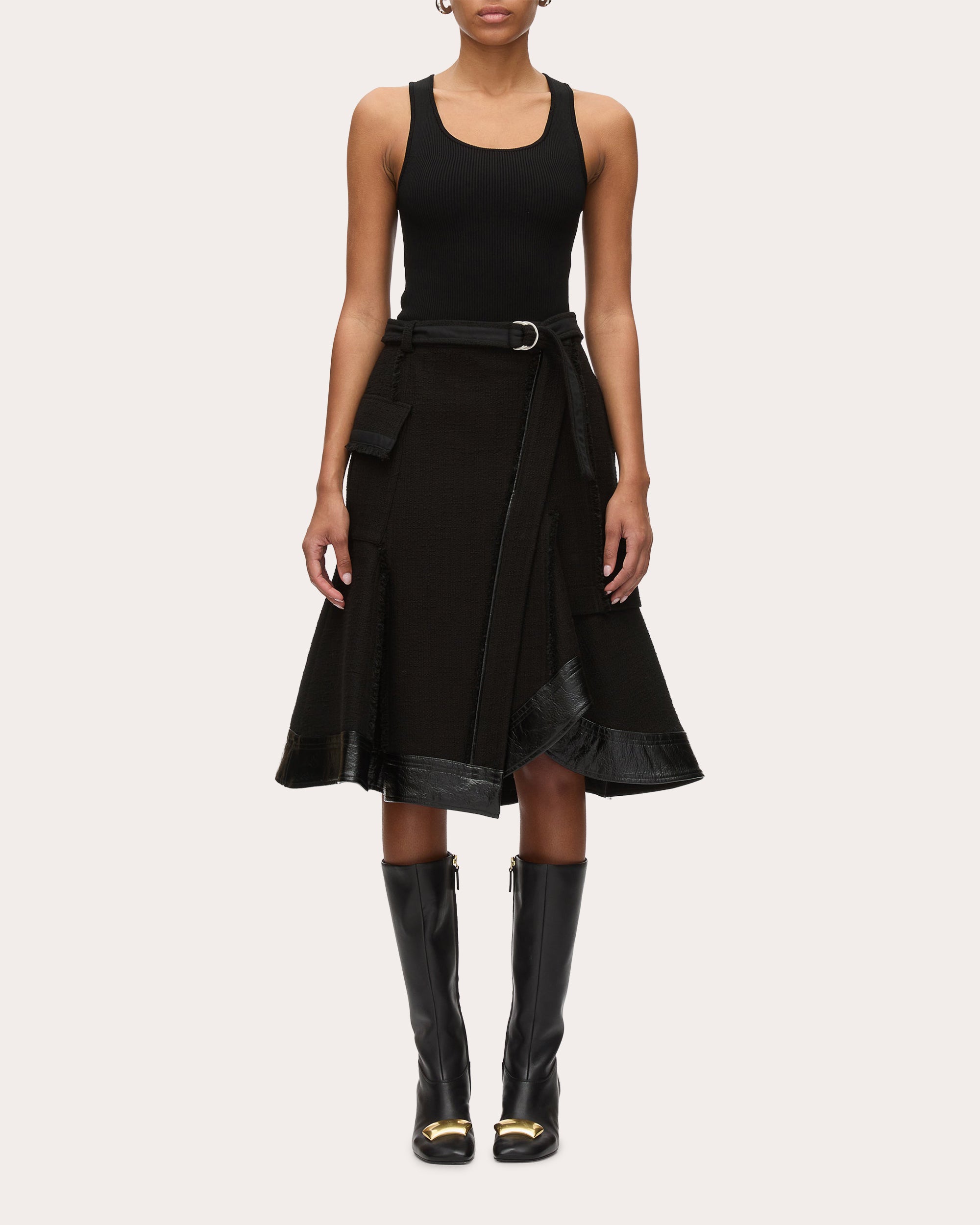 Belted Faux Leather-Trim Tweed Skirt