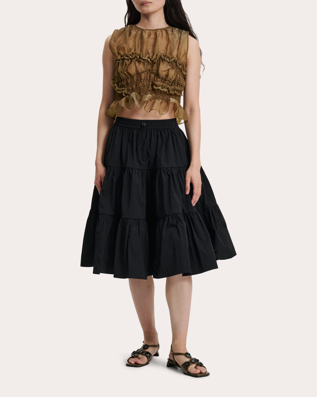 Alec Tiered Crinkled Taffeta Midi Skirt