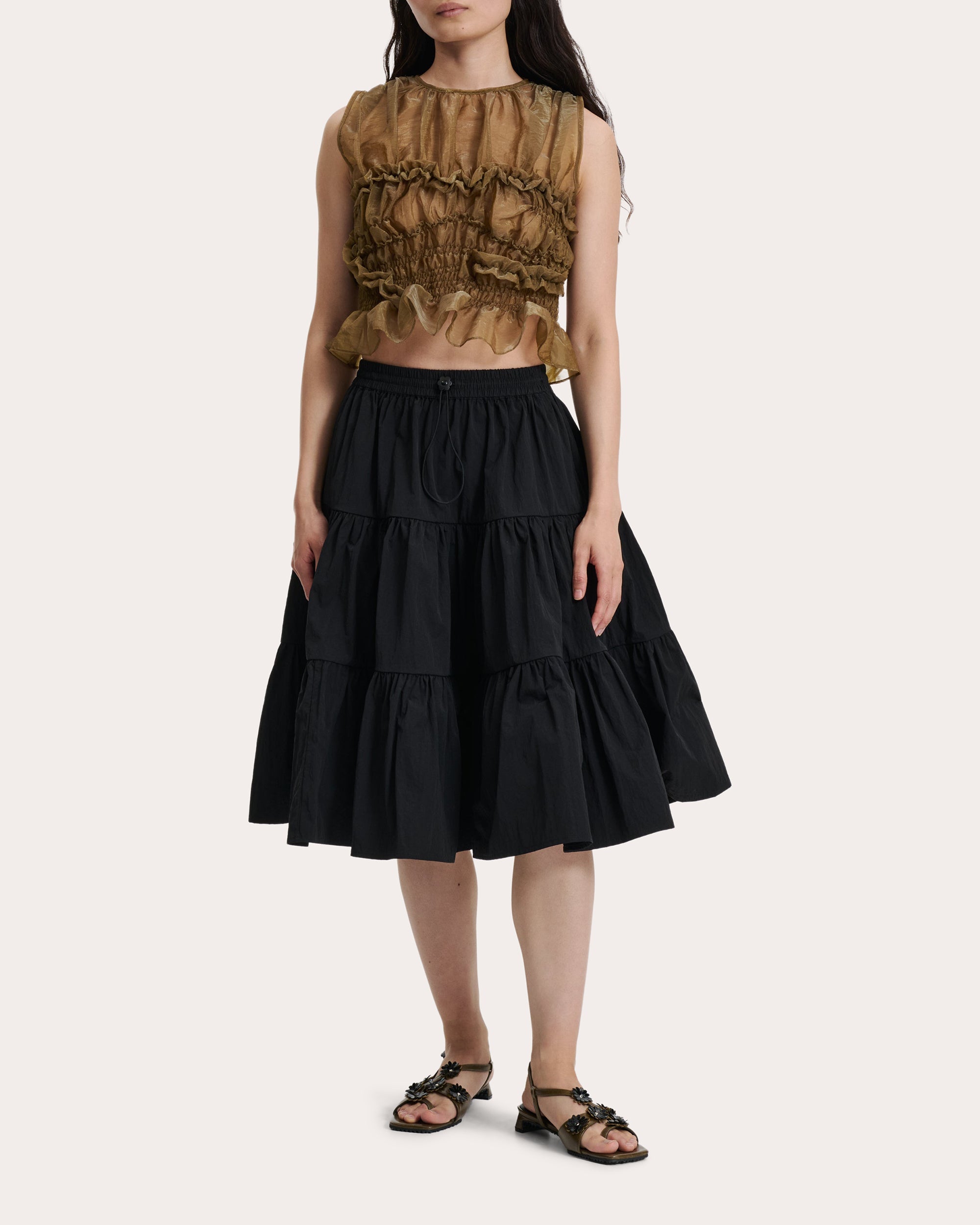 Alec Tiered Crinkled Taffeta Midi Skirt