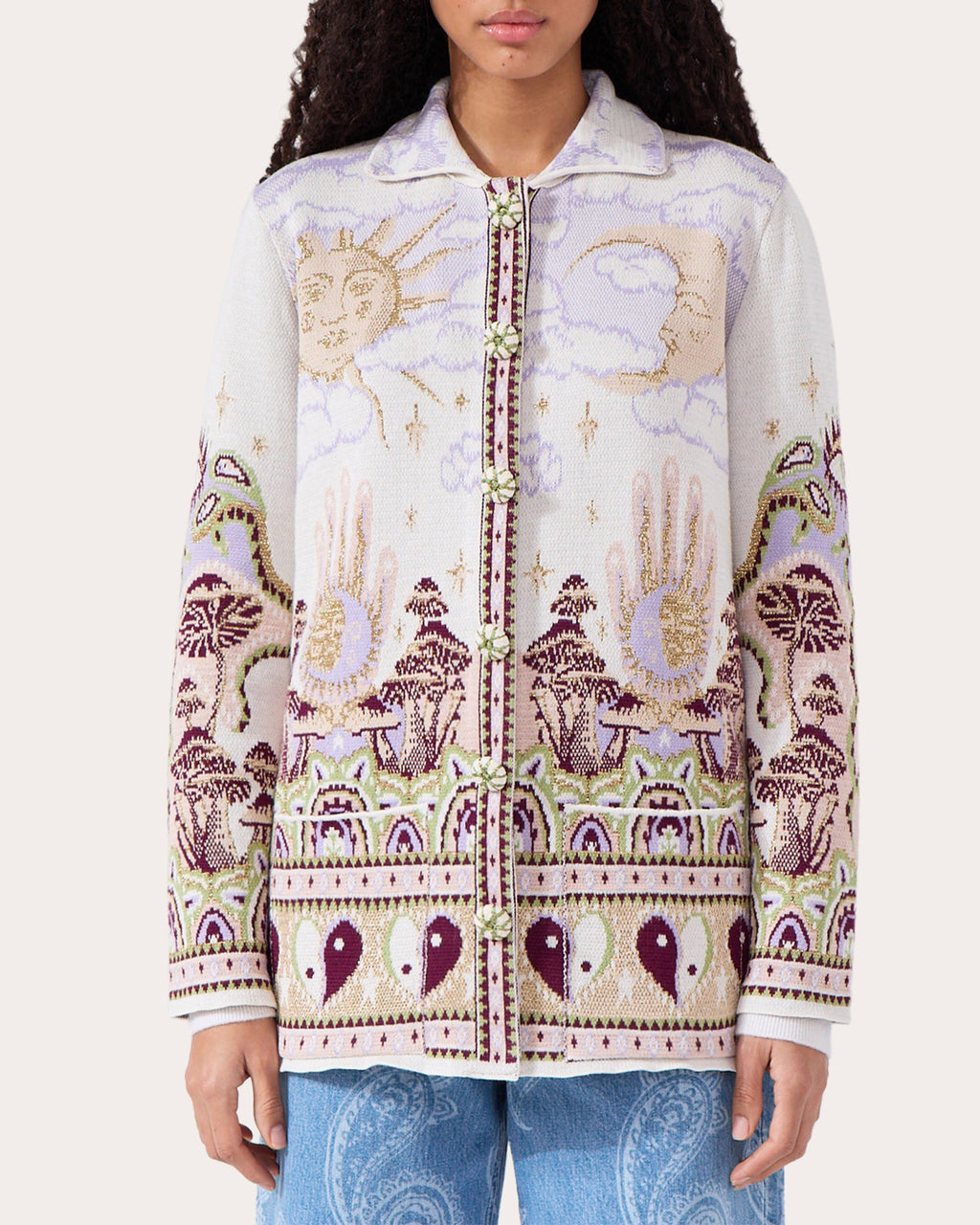 Written in the Stars Faux Fur Trimmed Jacquard Knit Jacket