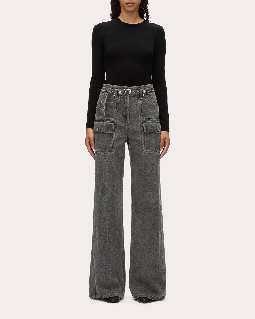 Belted Acid-Washed Wide-Leg Cargo Jeans
