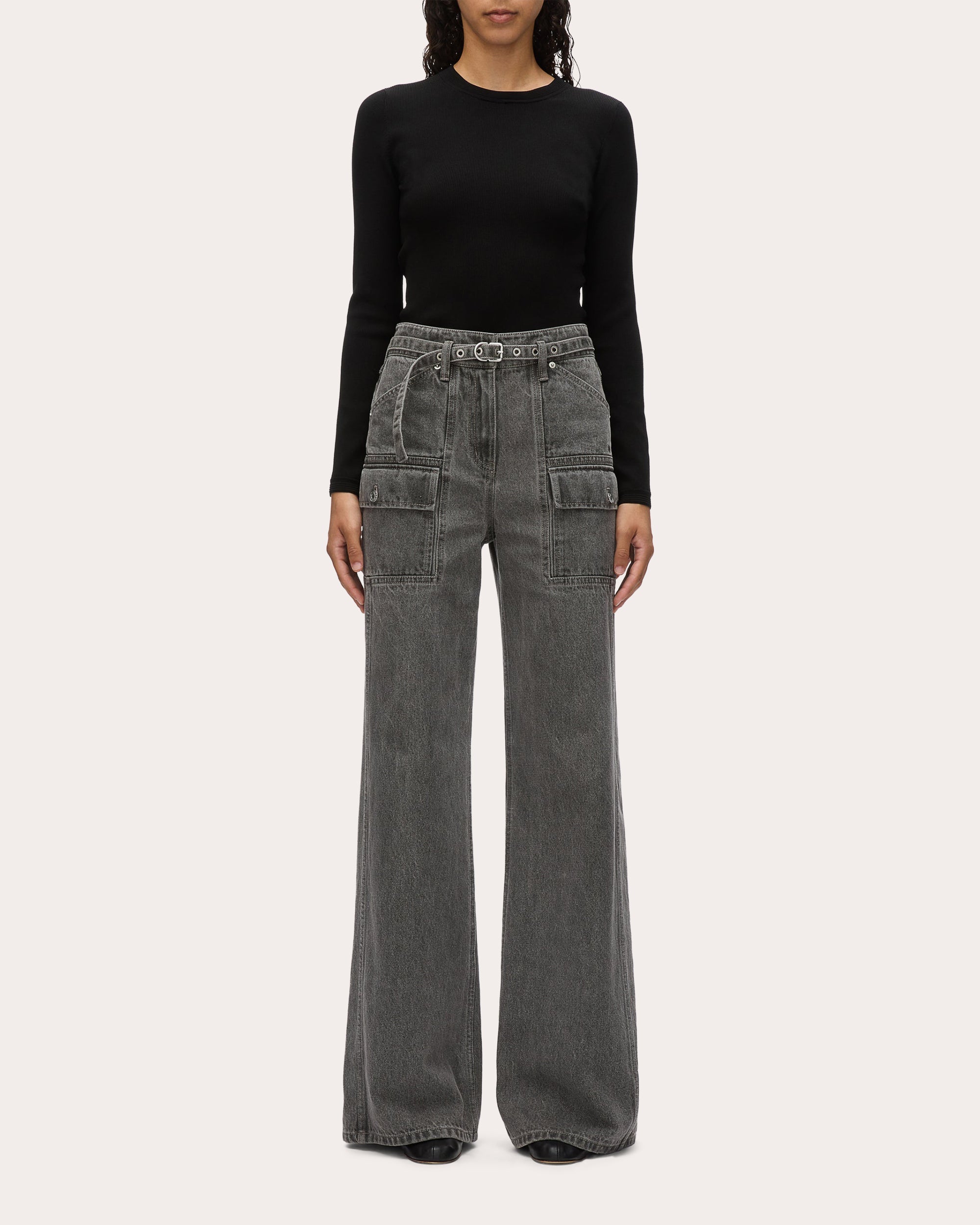 Belted Acid-Washed Wide-Leg Cargo Jeans